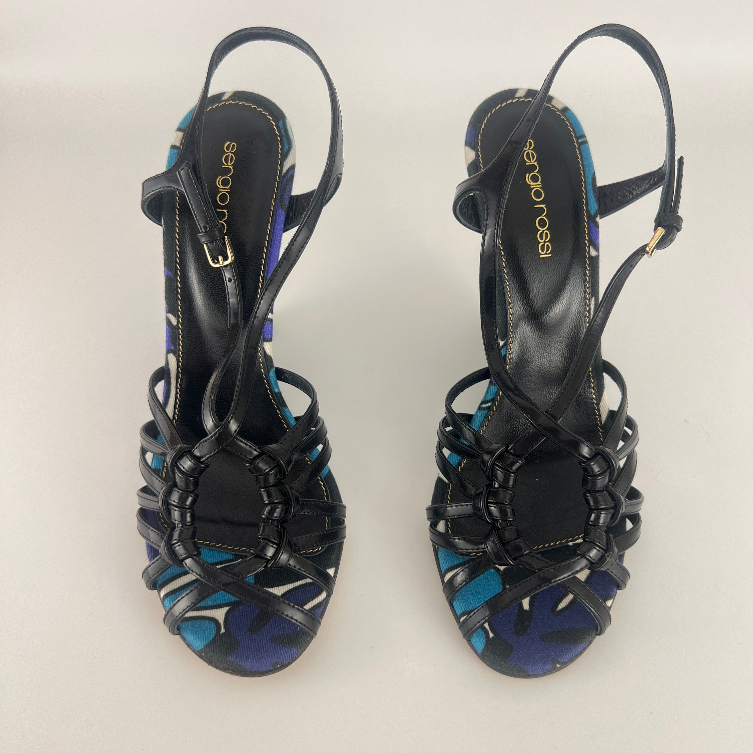 Sergio Rossi | Black Blue Multi Pattern Strappy Wedge Heels (38.5)