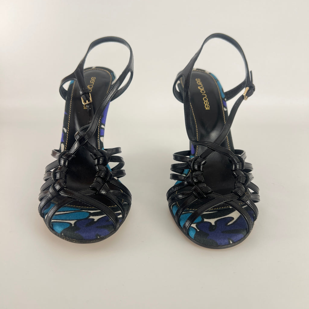 Sergio Rossi | Black Blue Multi Pattern Strappy Wedge Heels (38.5)