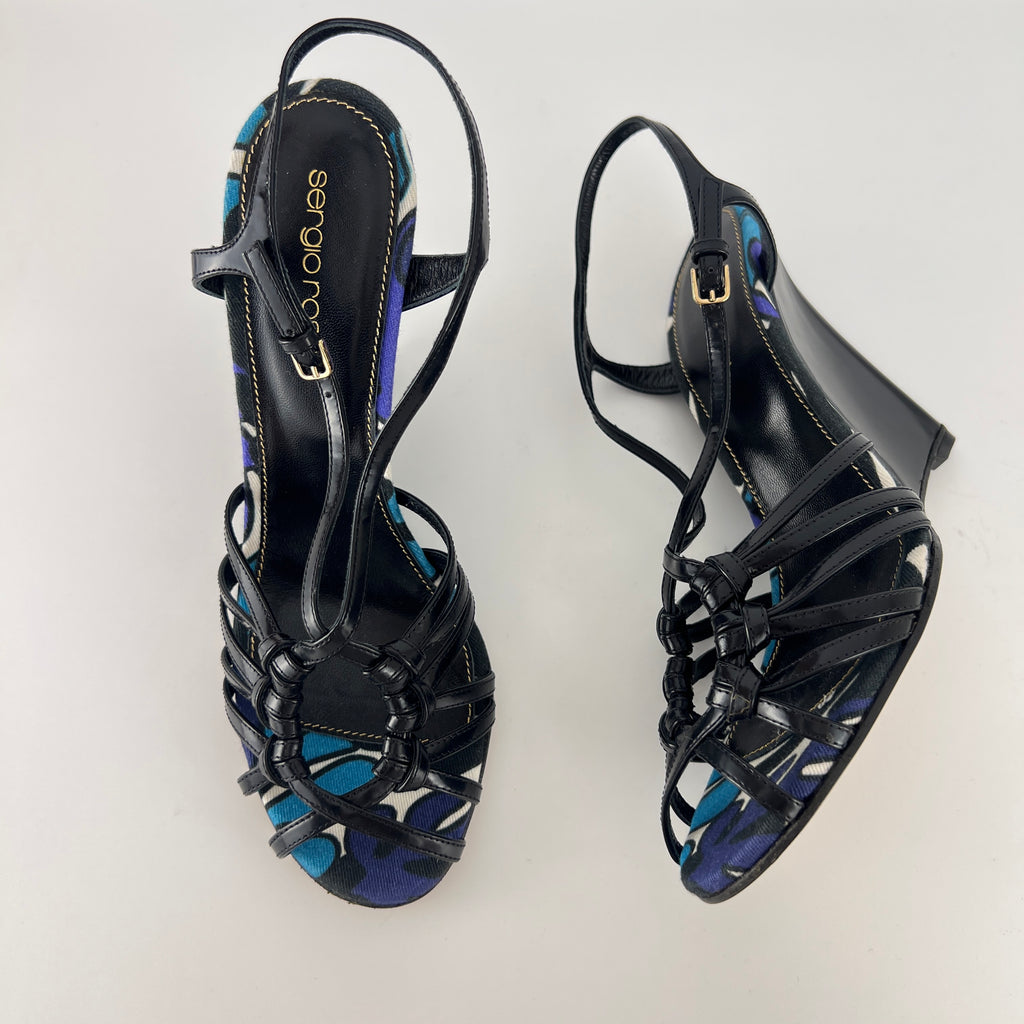 Sergio Rossi | Black Blue Multi Pattern Strappy Wedge Heels (38.5)