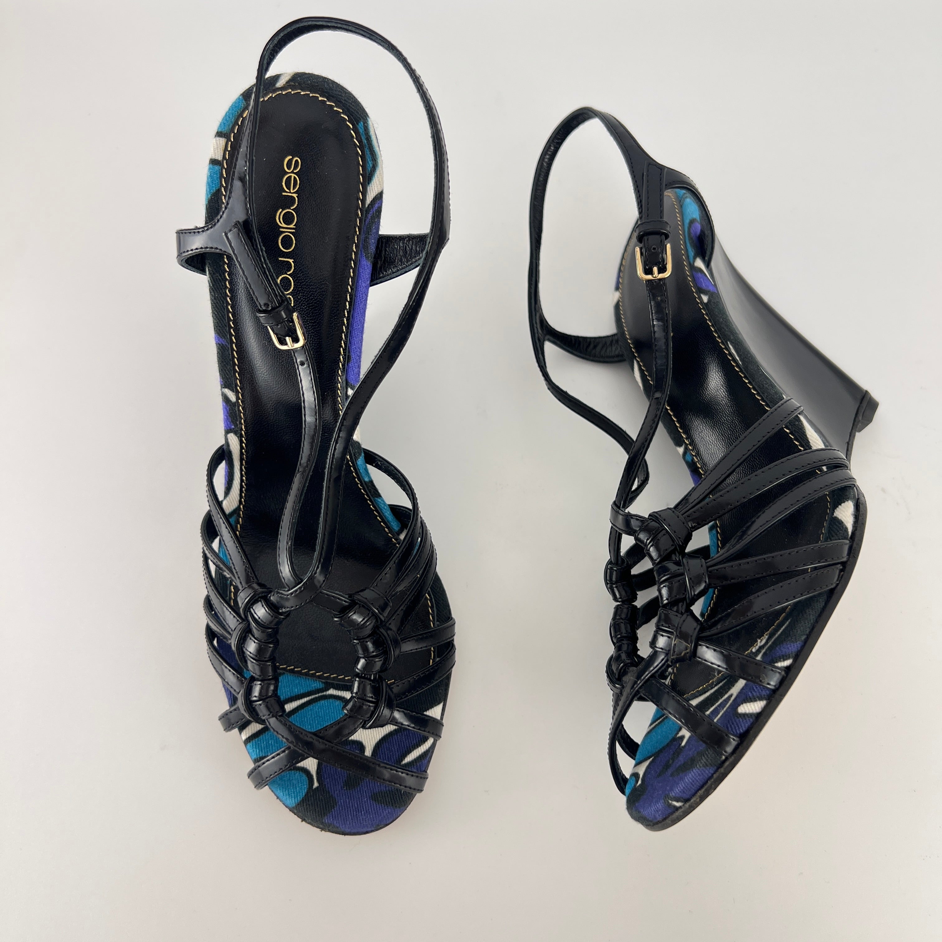 Sergio Rossi | Black Blue Multi Pattern Strappy Wedge Heels (38.5)