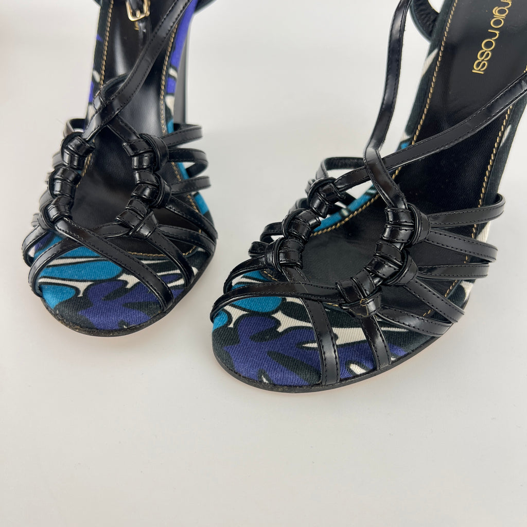 Sergio Rossi | Black Blue Multi Pattern Strappy Wedge Heels (38.5)