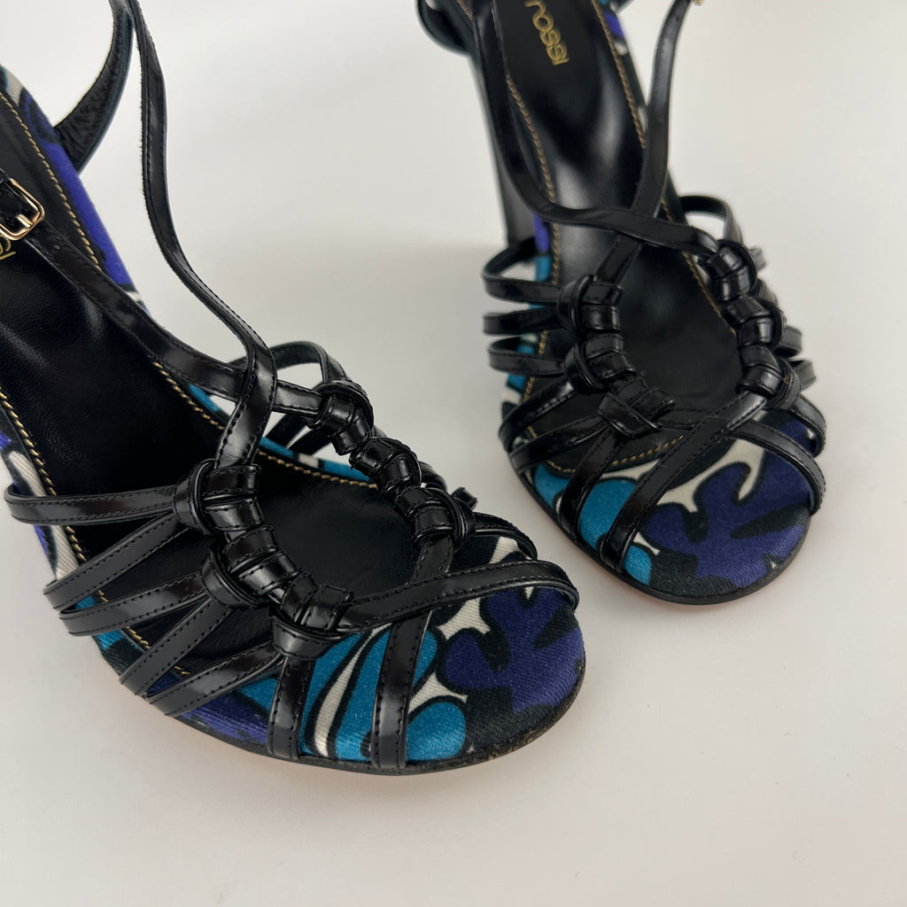 Sergio Rossi | Black Blue Multi Pattern Strappy Wedge Heels (38.5)