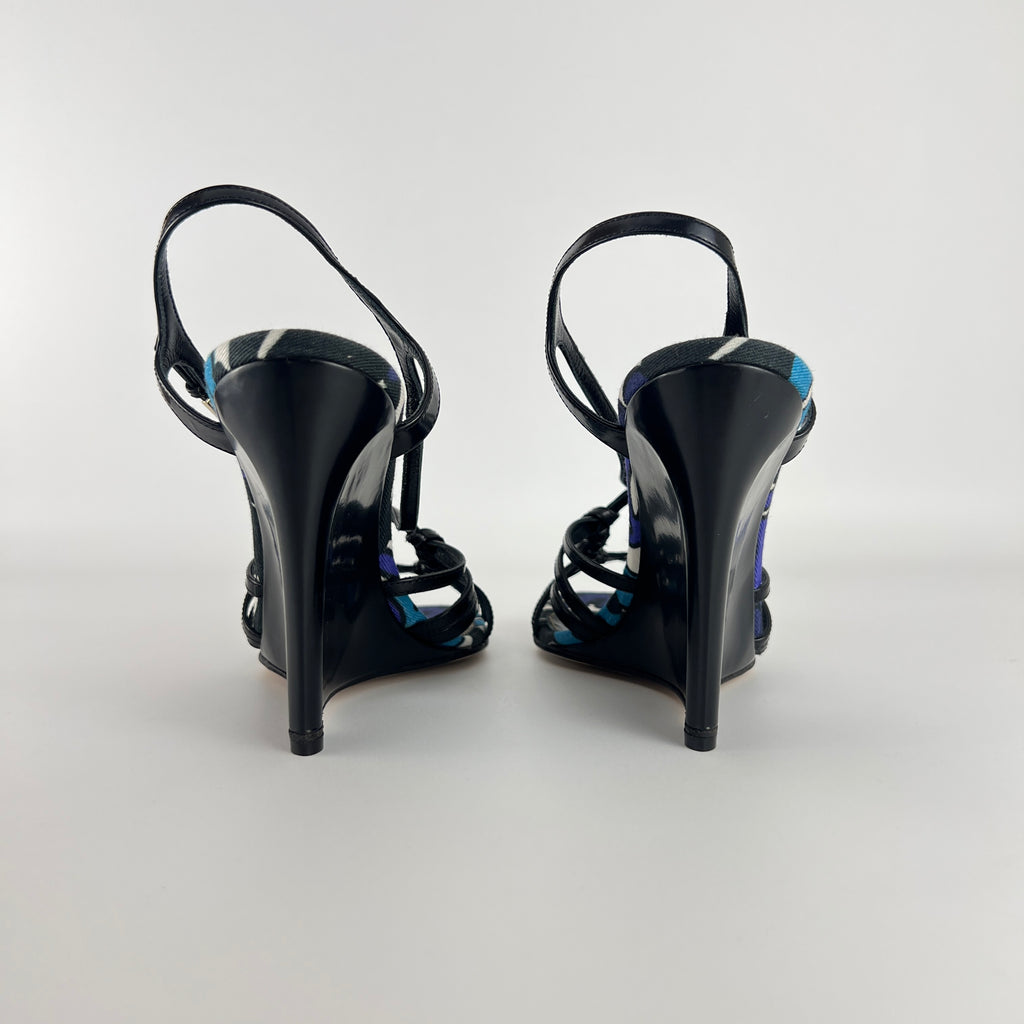 Sergio Rossi | Black Blue Multi Pattern Strappy Wedge Heels (38.5)