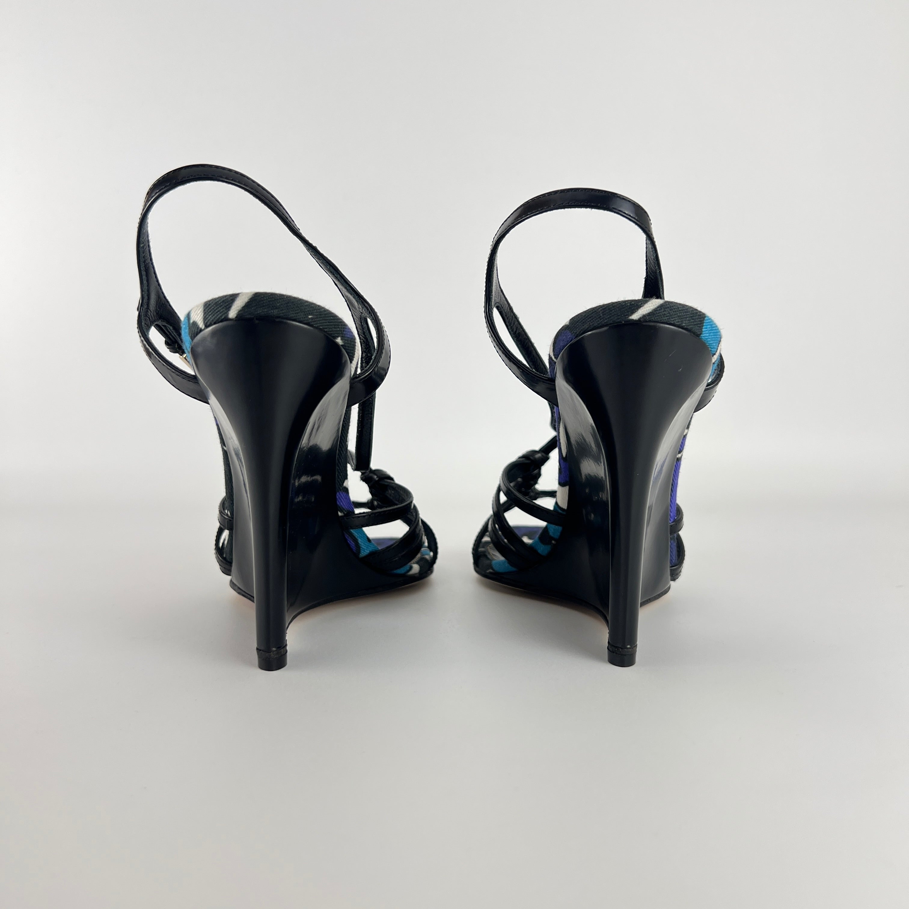 Sergio Rossi | Black Blue Multi Pattern Strappy Wedge Heels (38.5)