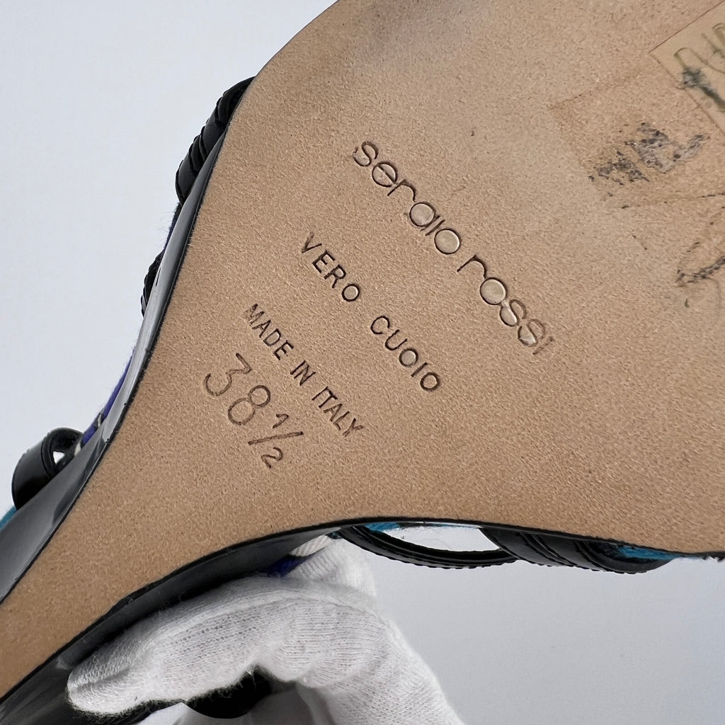 Sergio Rossi | Black Blue Multi Pattern Strappy Wedge Heels (38.5)