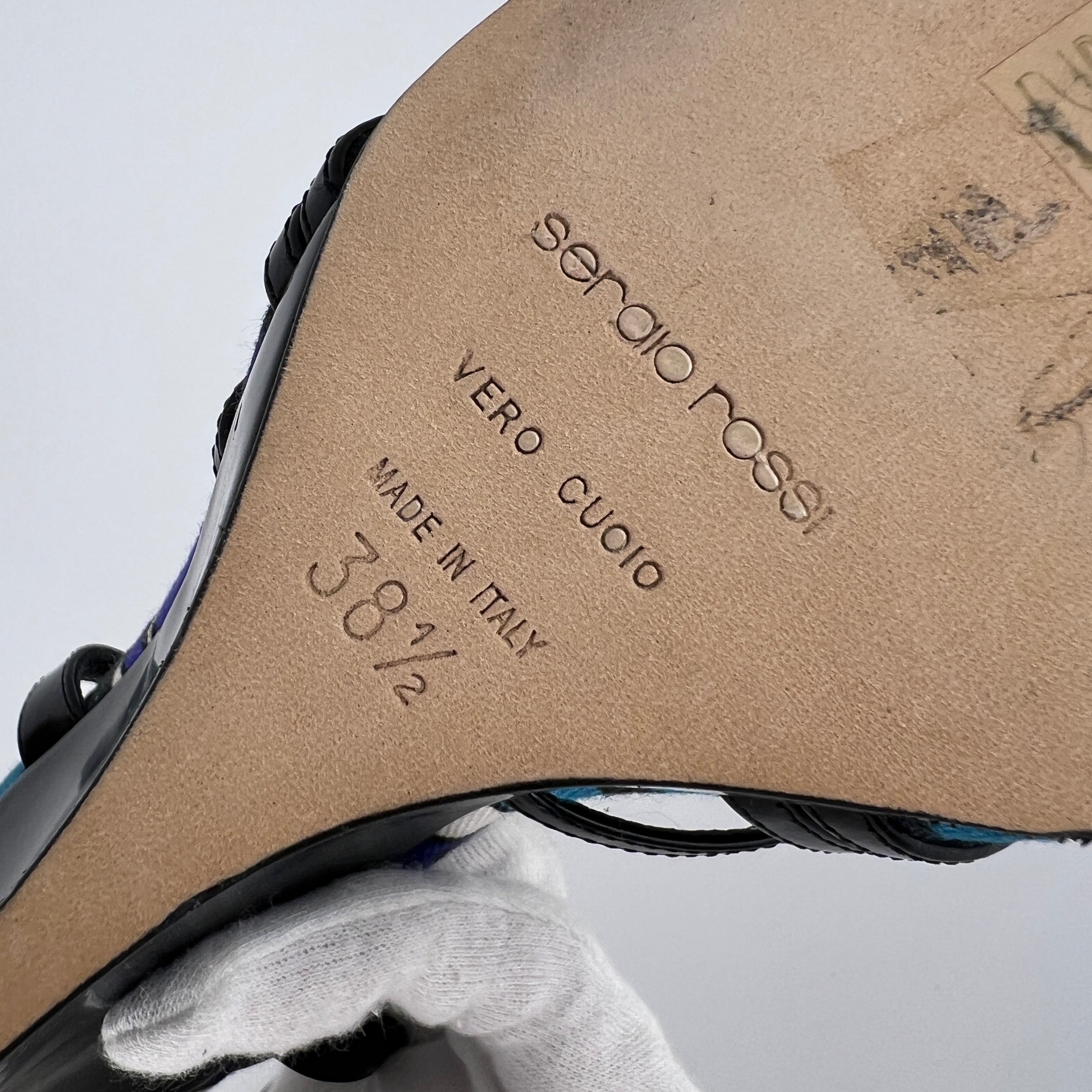 Sergio Rossi | Black Blue Multi Pattern Strappy Wedge Heels (38.5)