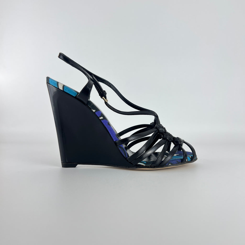 Sergio Rossi | Black Blue Multi Pattern Strappy Wedge Heels (38.5)
