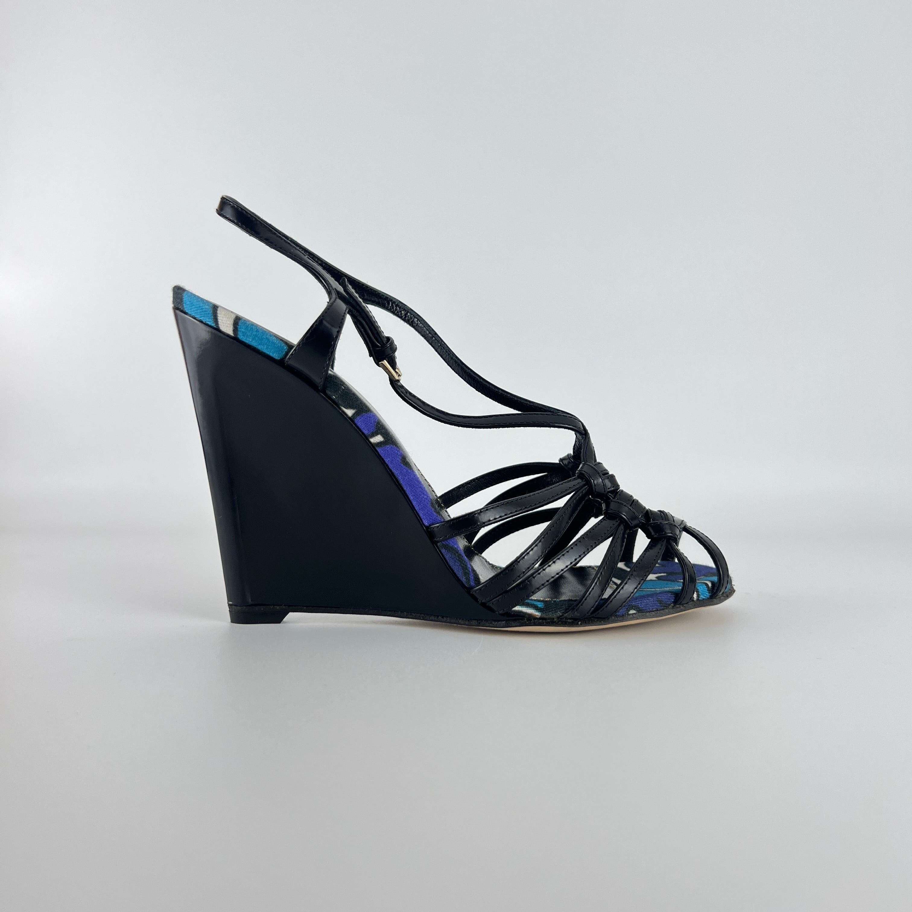 Sergio Rossi | Black Blue Multi Pattern Strappy Wedge Heels (38.5)
