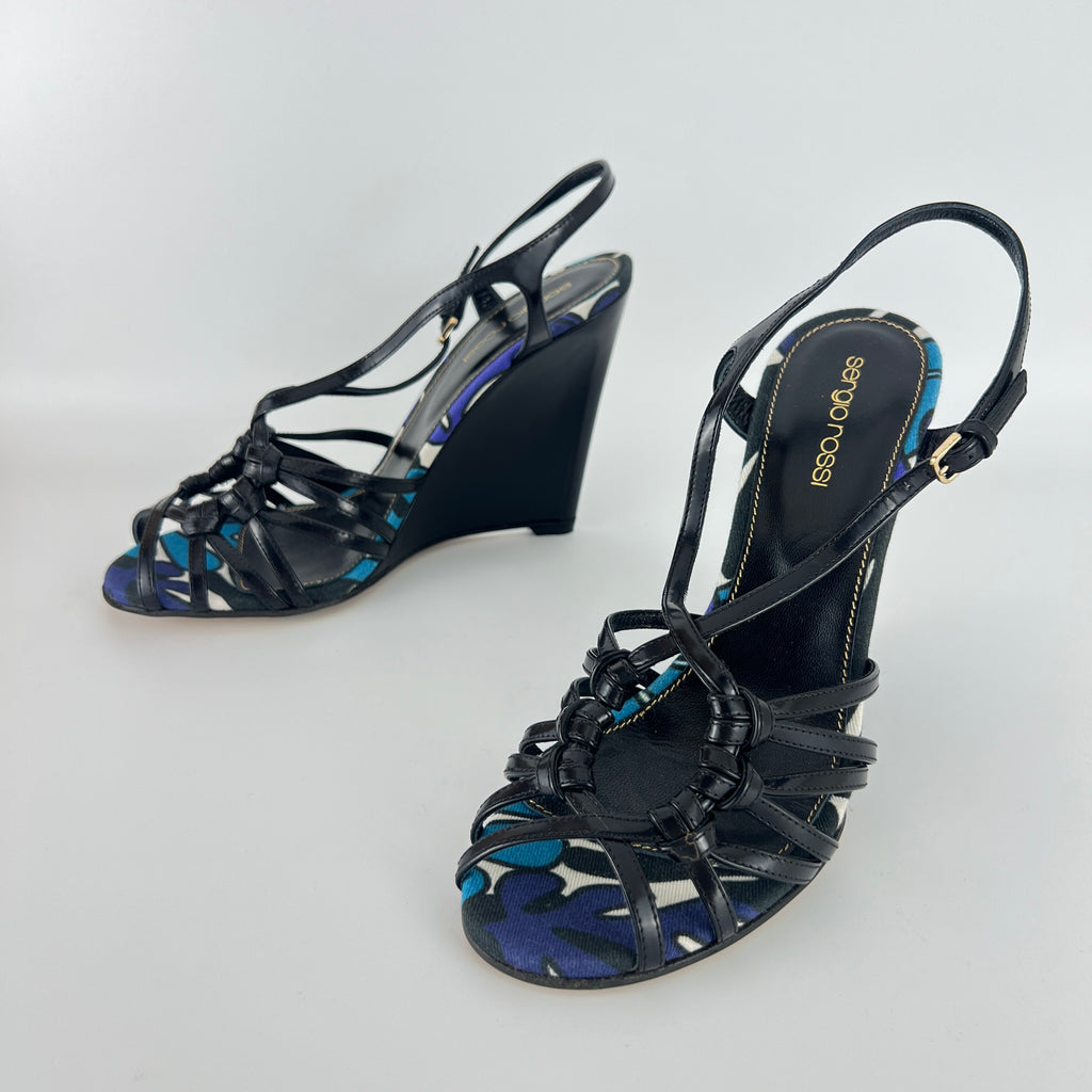 Sergio Rossi | Black Blue Multi Pattern Strappy Wedge Heels (38.5)