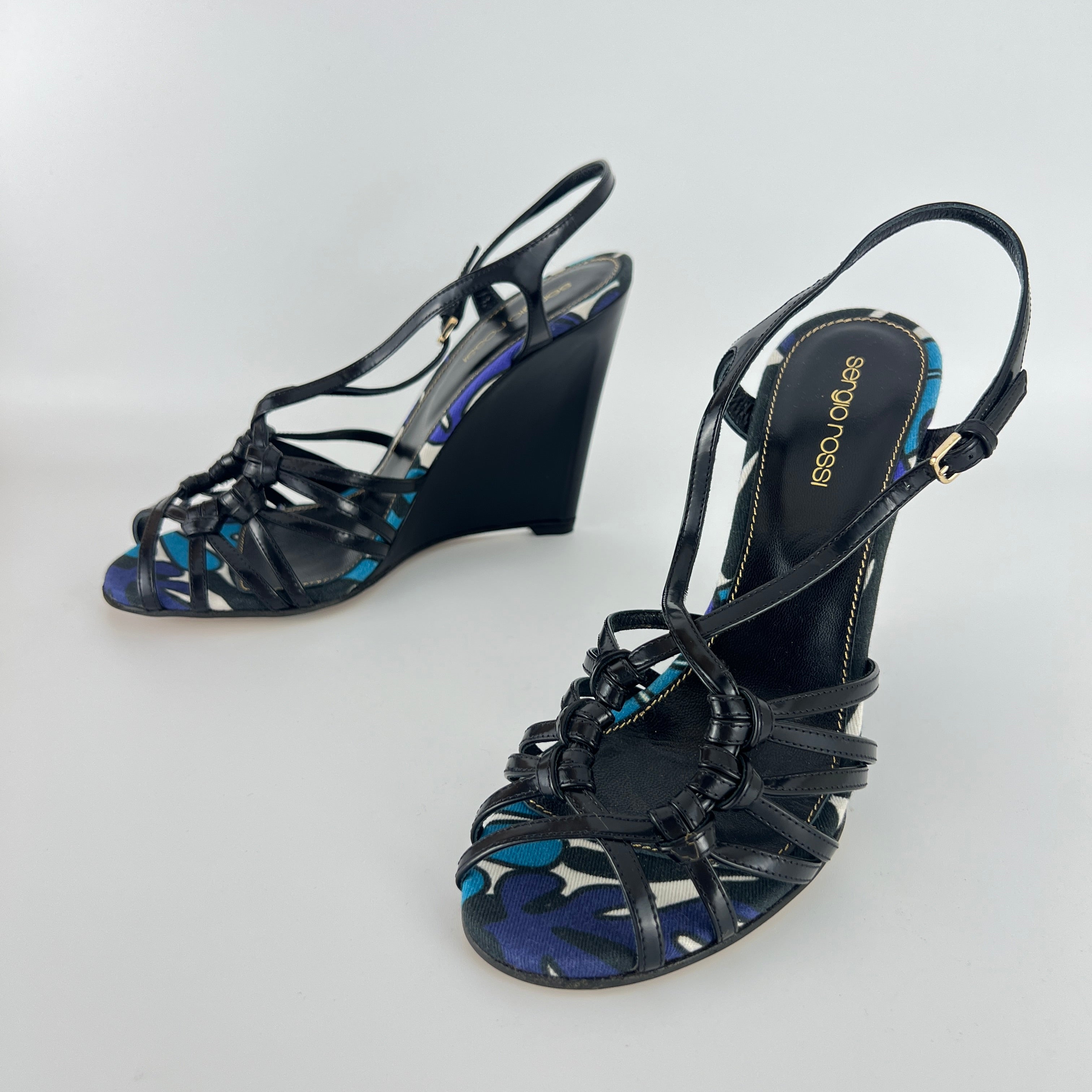 Sergio Rossi | Black Blue Multi Pattern Strappy Wedge Heels (38.5)