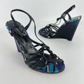 Sergio Rossi | Black Blue Multi Pattern Strappy Wedge Heels (38.5)