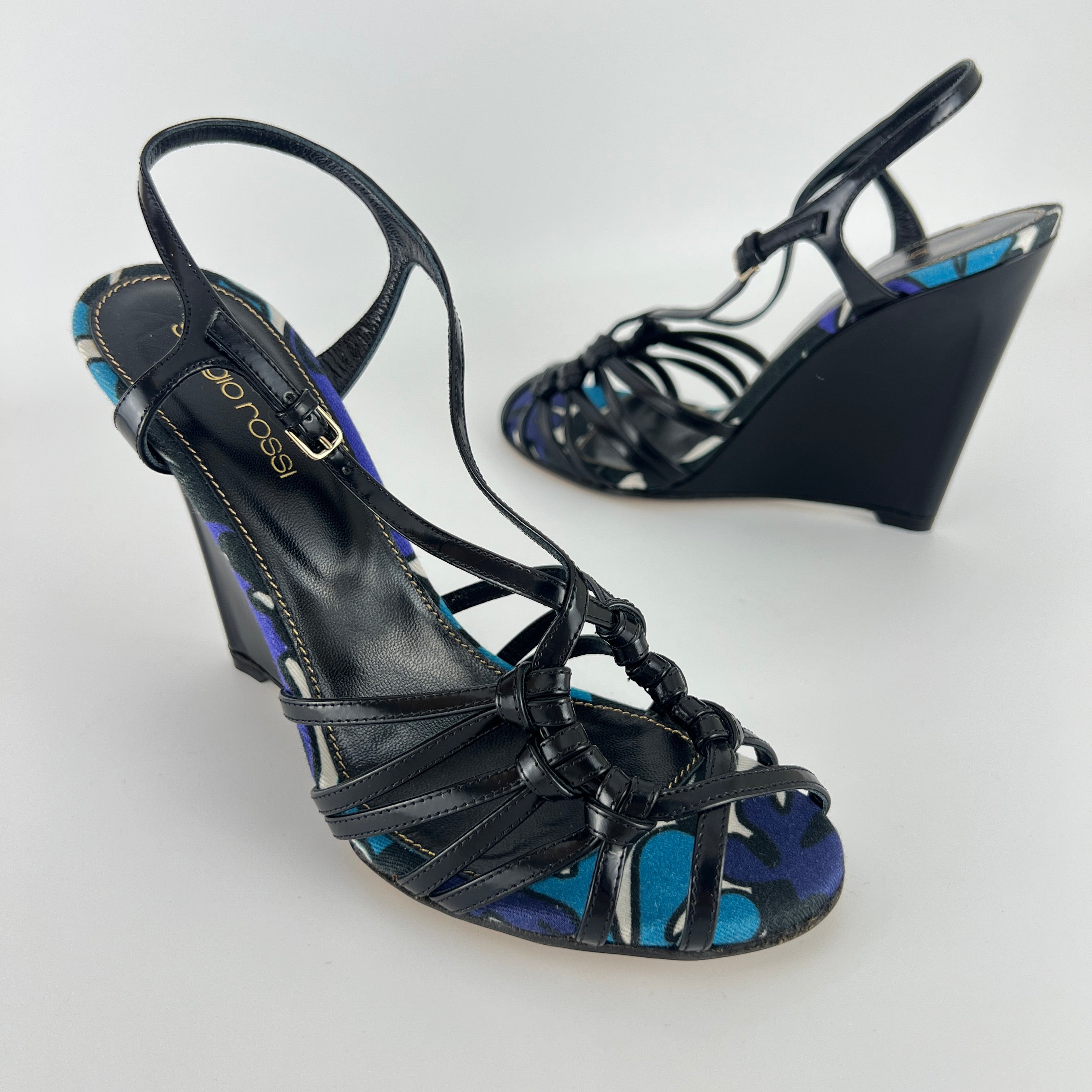 Sergio Rossi | Black Blue Multi Pattern Strappy Wedge Heels (38.5)