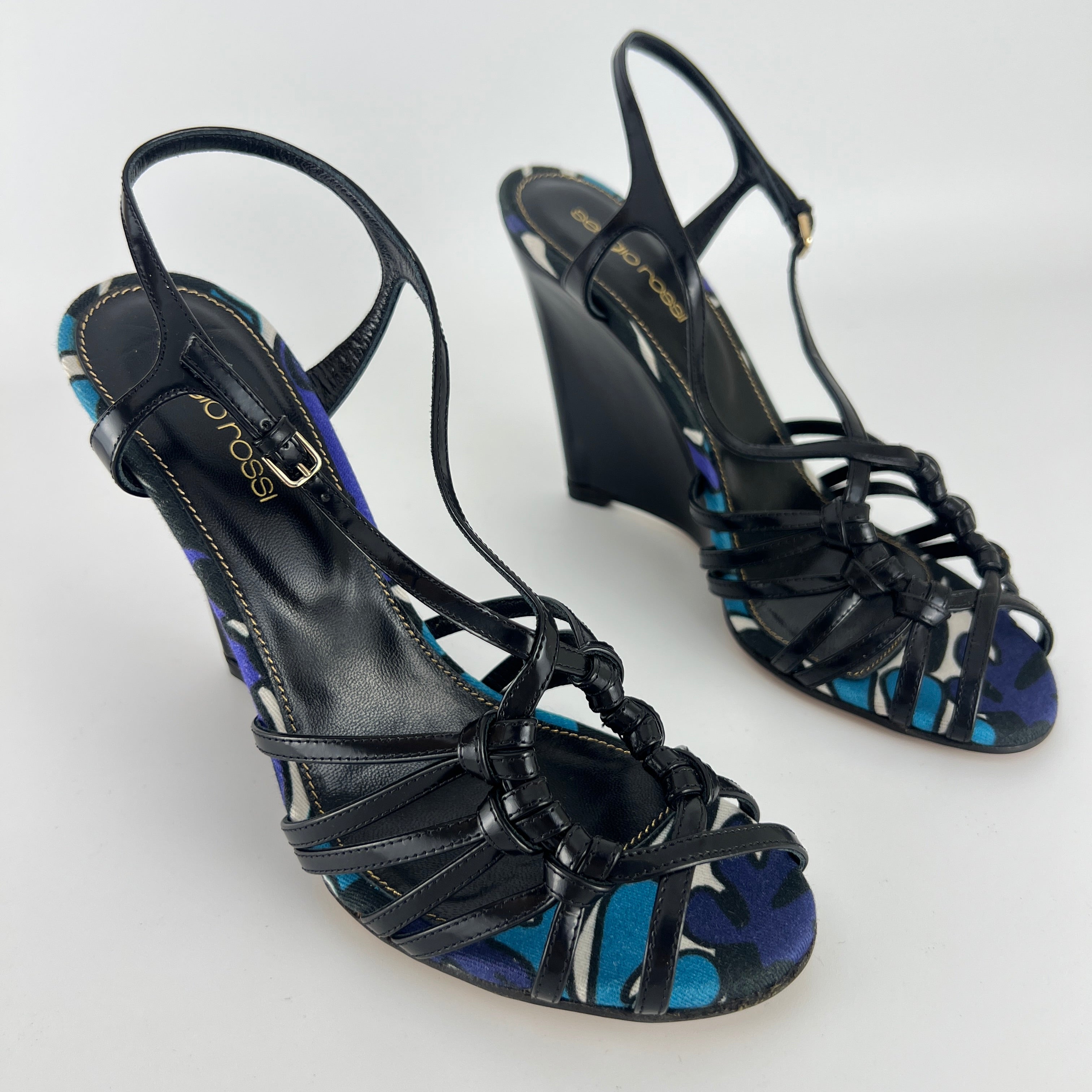 Sergio Rossi | Black Blue Multi Pattern Strappy Wedge Heels (38.5)
