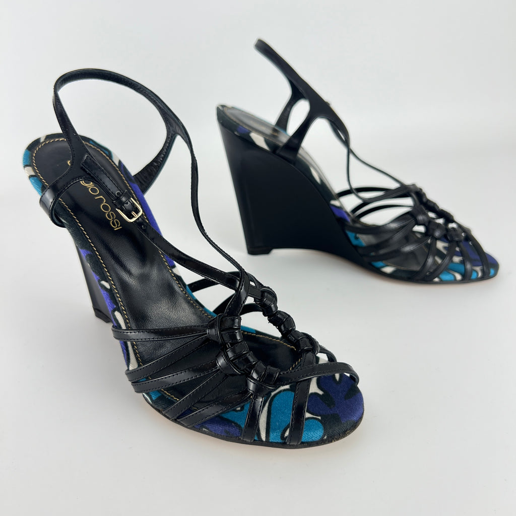 Sergio Rossi | Black Blue Multi Pattern Strappy Wedge Heels (38.5)