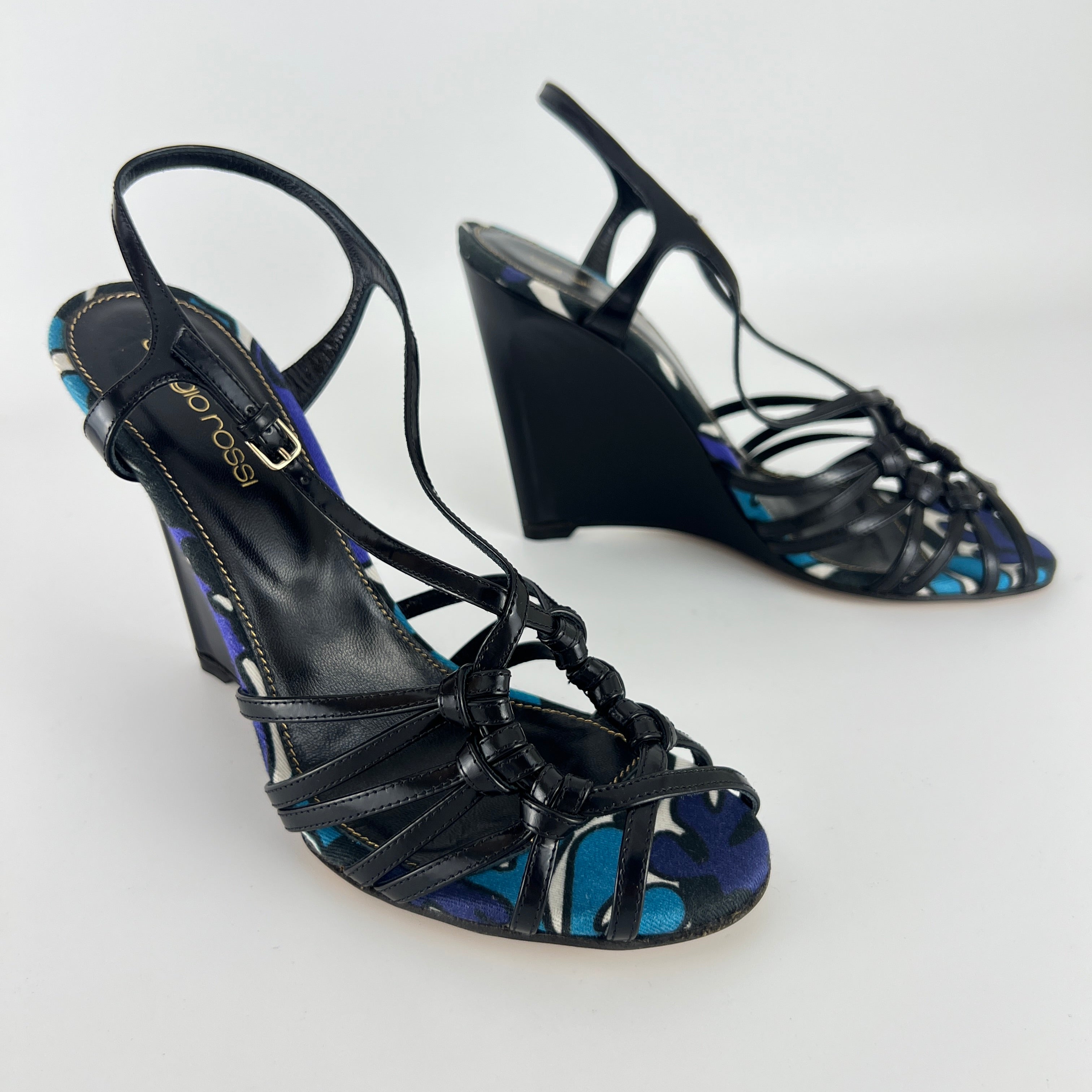 Sergio Rossi | Black Blue Multi Pattern Strappy Wedge Heels (38.5)