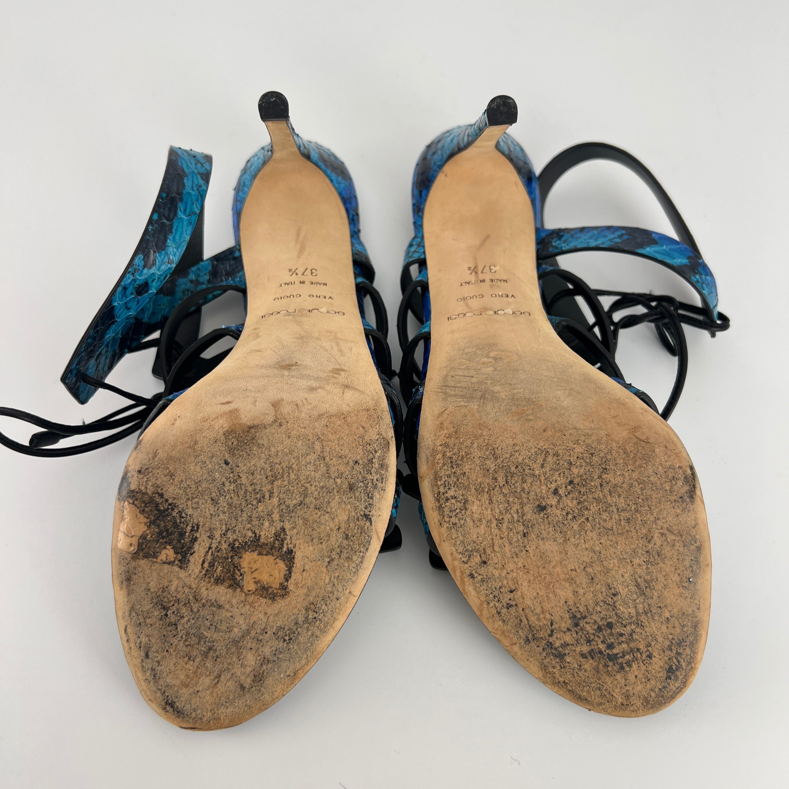 Sergio Rossi | Blue Animal Print Snake Leather Strappy Lace Up Heels (37.5)