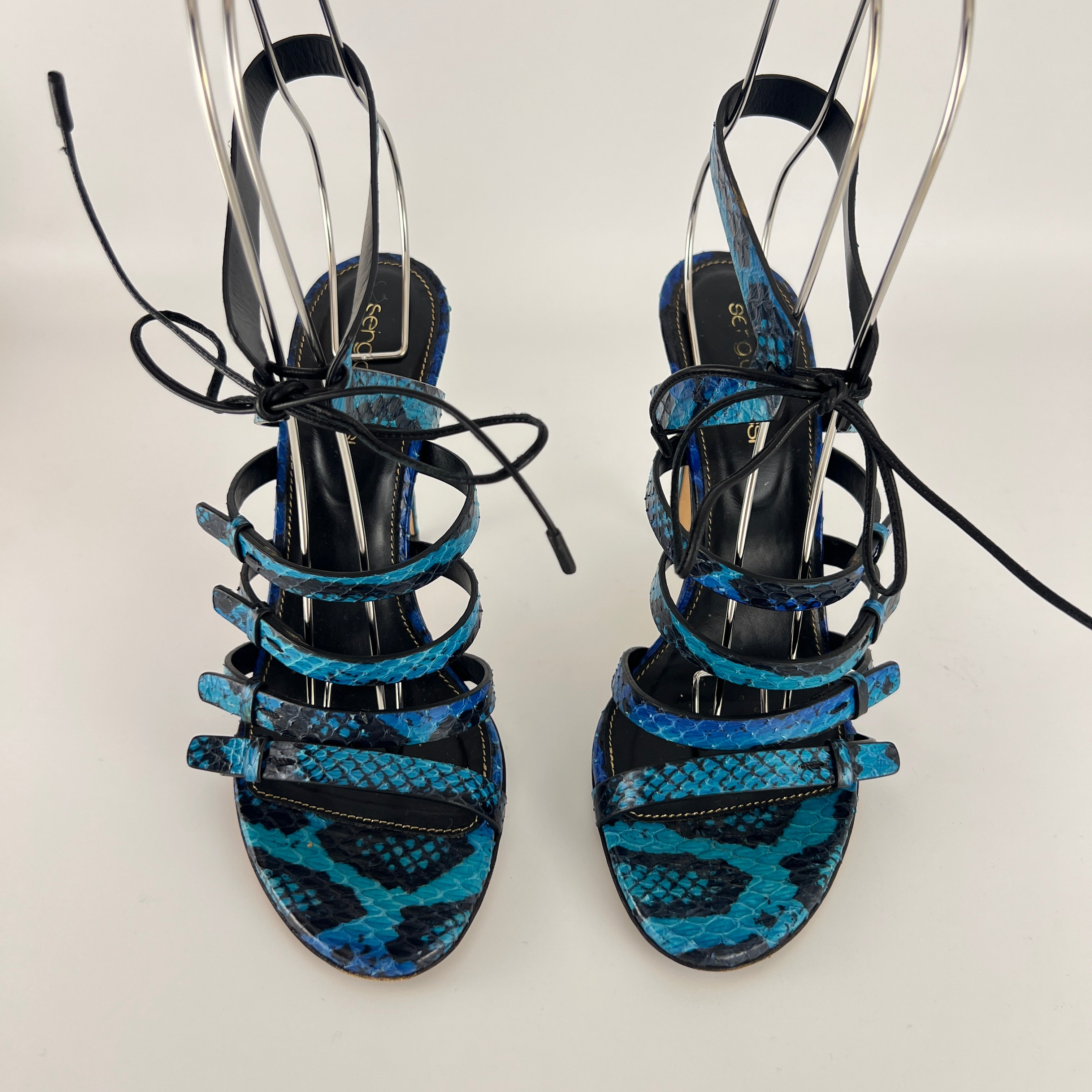 Sergio Rossi | Blue Animal Print Snake Leather Strappy Lace Up Heels (37.5)
