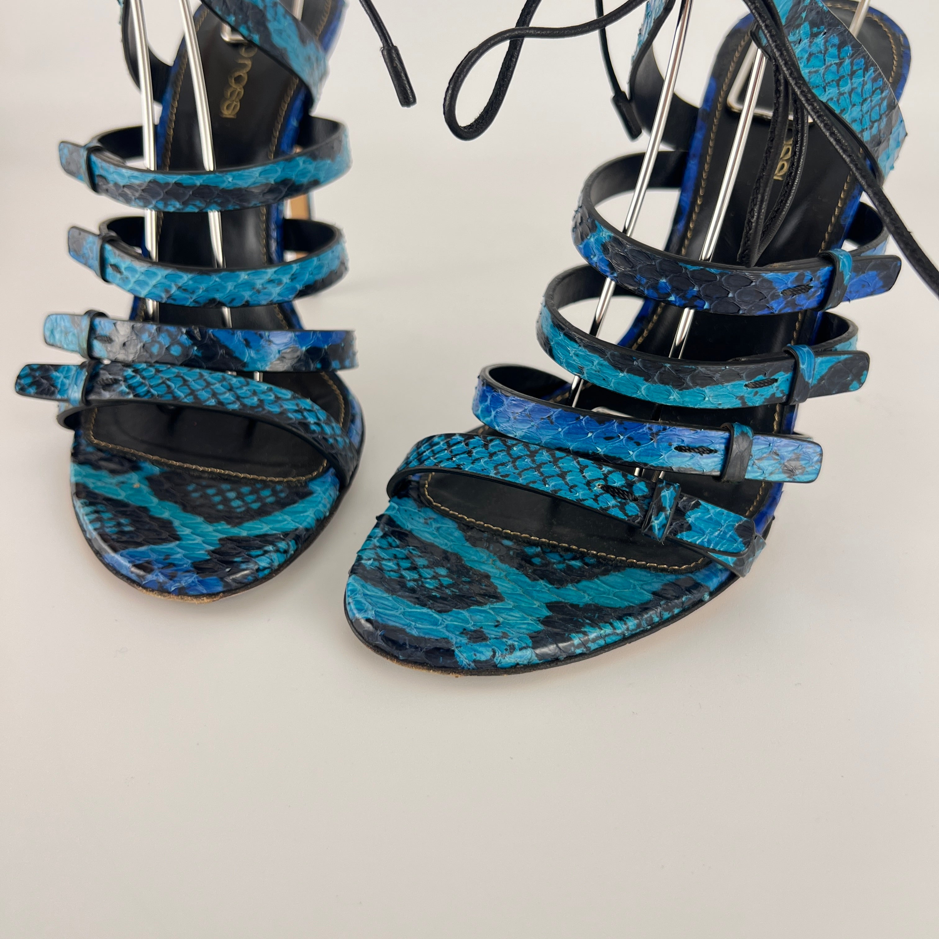 Sergio Rossi | Blue Animal Print Snake Leather Strappy Lace Up Heels (37.5)
