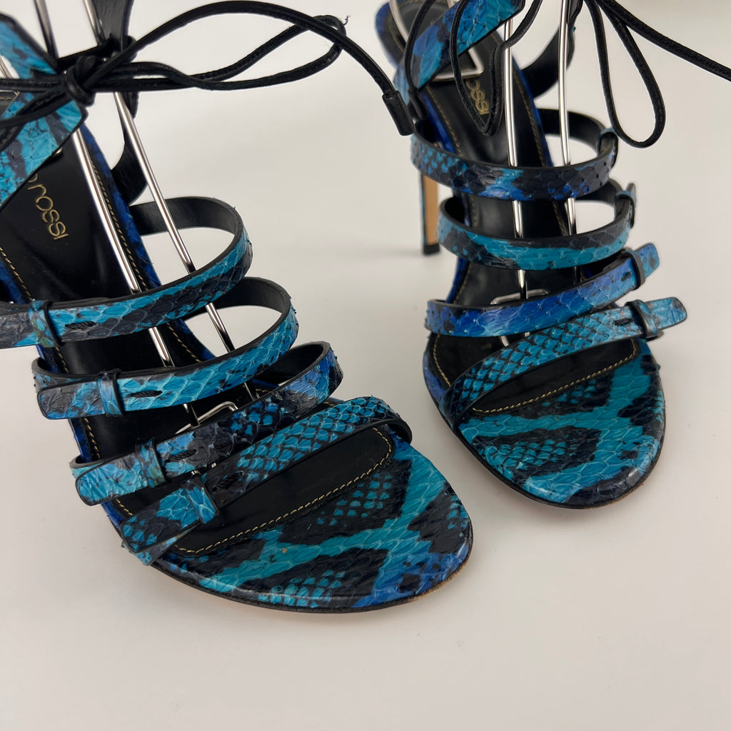Sergio Rossi | Blue Animal Print Snake Leather Strappy Lace Up Heels (37.5)