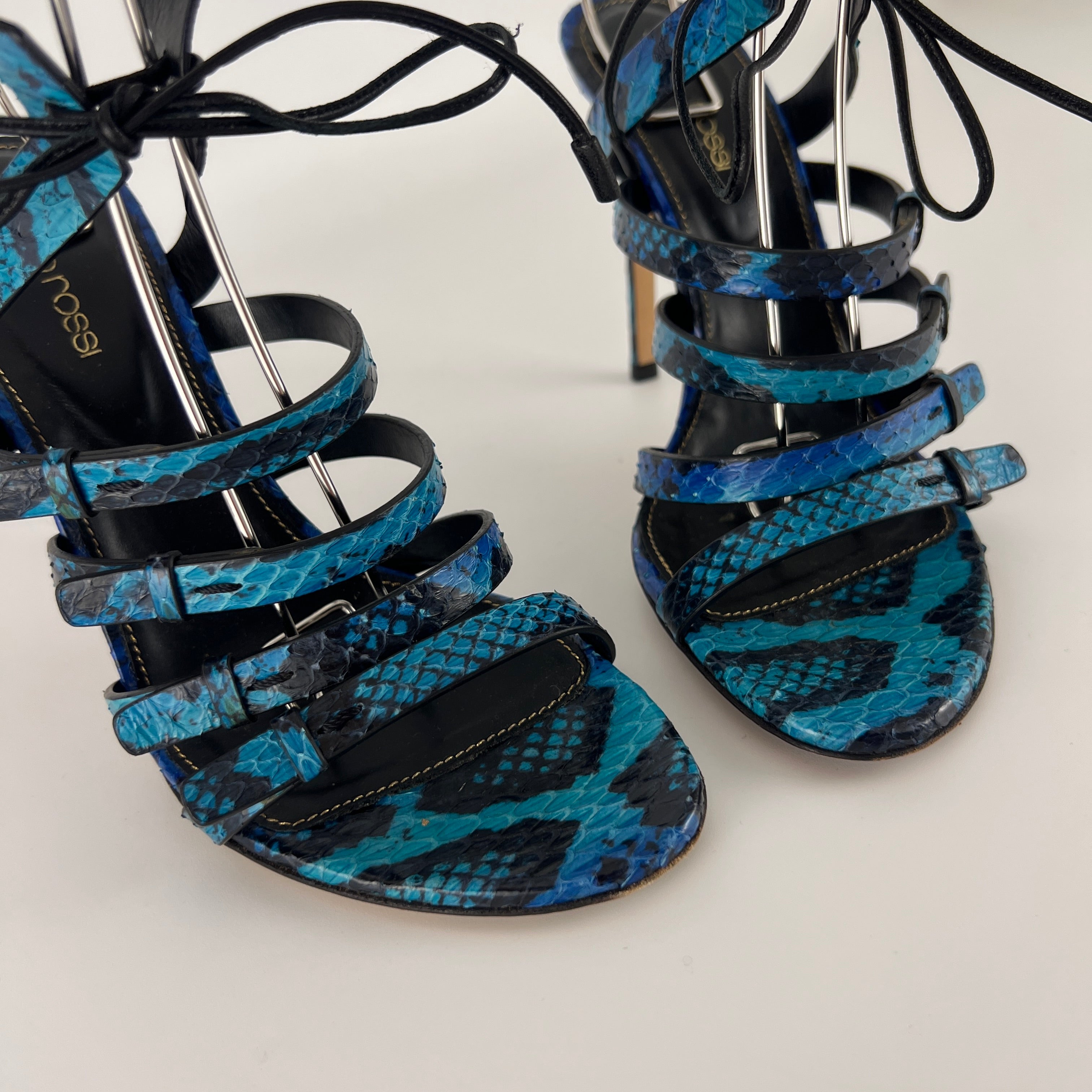 Sergio Rossi | Blue Animal Print Snake Leather Strappy Lace Up Heels (37.5)