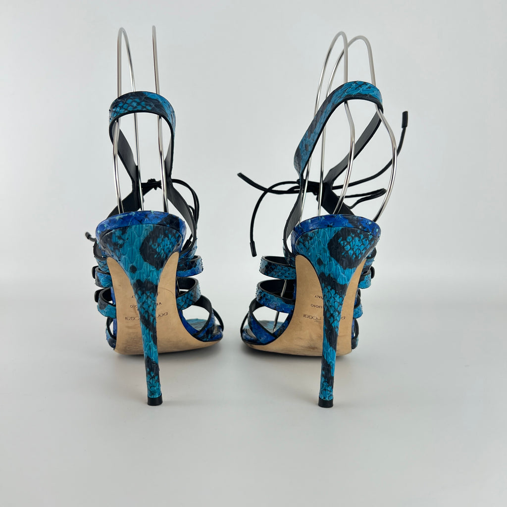Sergio Rossi | Blue Animal Print Snake Leather Strappy Lace Up Heels (37.5)