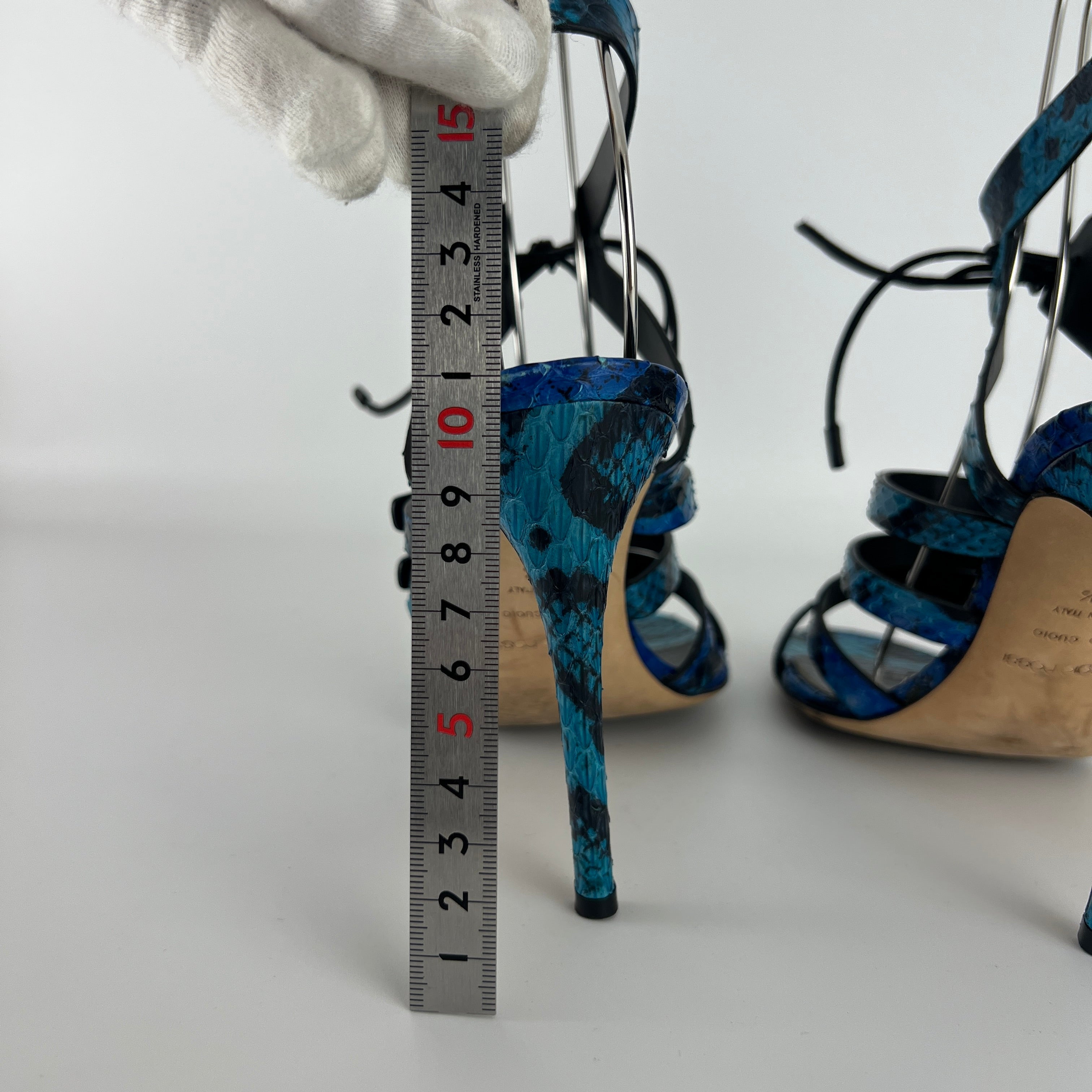 Sergio Rossi | Blue Animal Print Snake Leather Strappy Lace Up Heels (37.5)