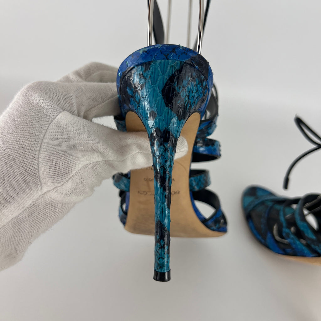 Sergio Rossi | Blue Animal Print Snake Leather Strappy Lace Up Heels (37.5)