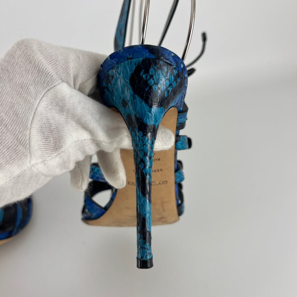 Sergio Rossi | Blue Animal Print Snake Leather Strappy Lace Up Heels (37.5)