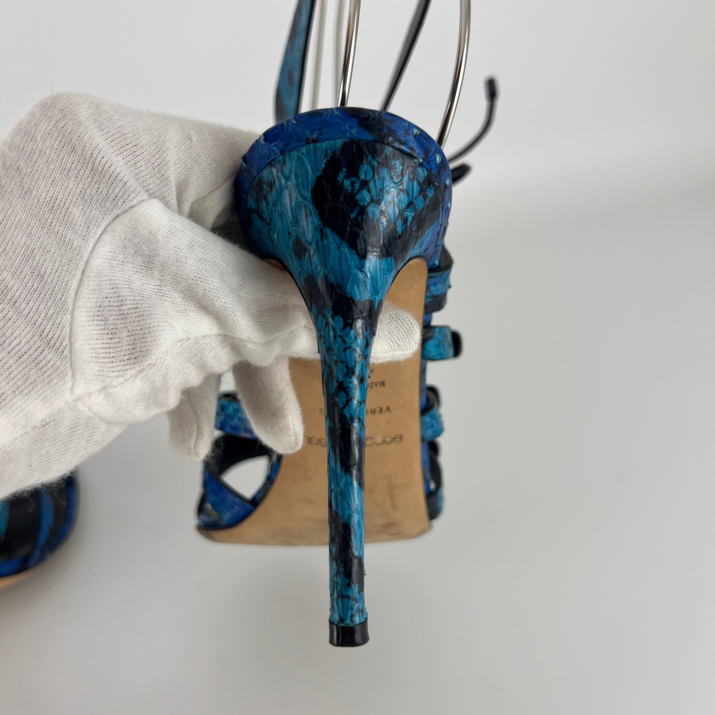 Sergio Rossi | Blue Animal Print Snake Leather Strappy Lace Up Heels (37.5)