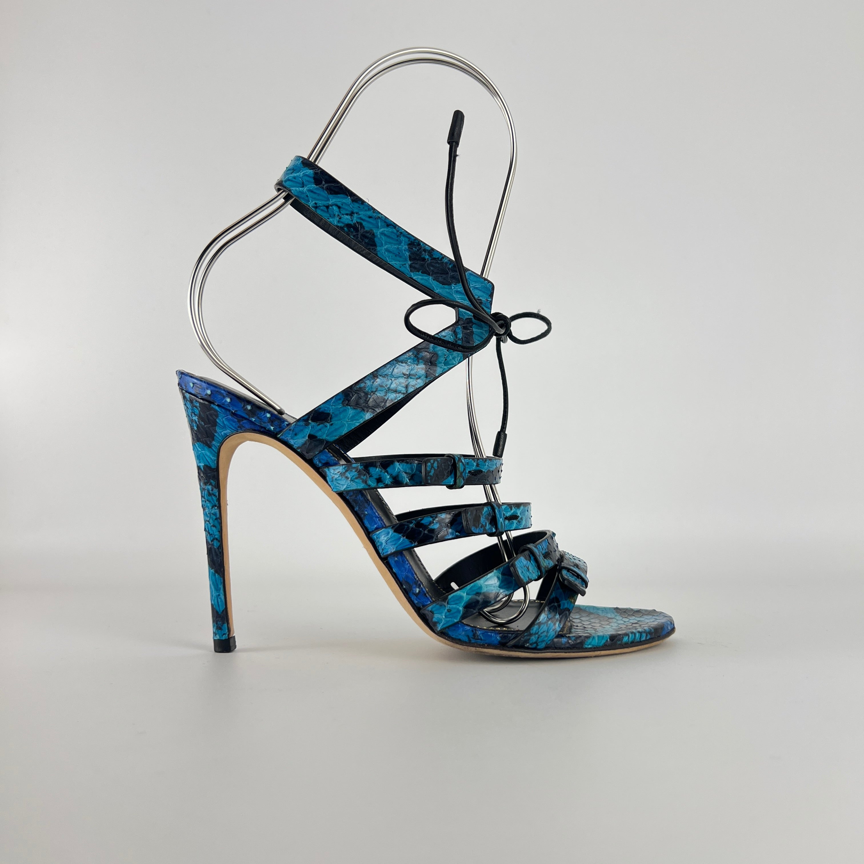 Sergio Rossi | Blue Animal Print Snake Leather Strappy Lace Up Heels (37.5)