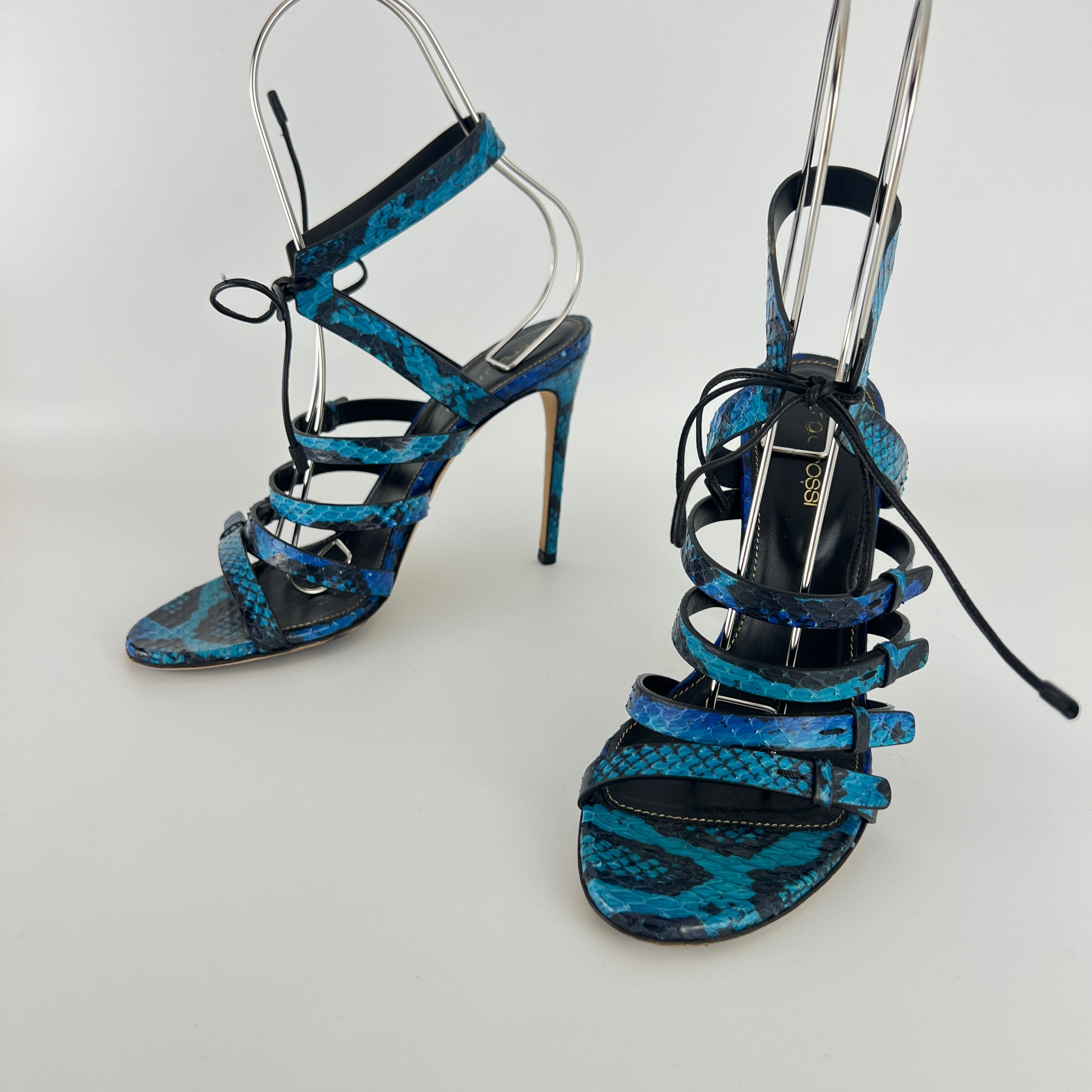 Sergio Rossi | Blue Animal Print Snake Leather Strappy Lace Up Heels (37.5)