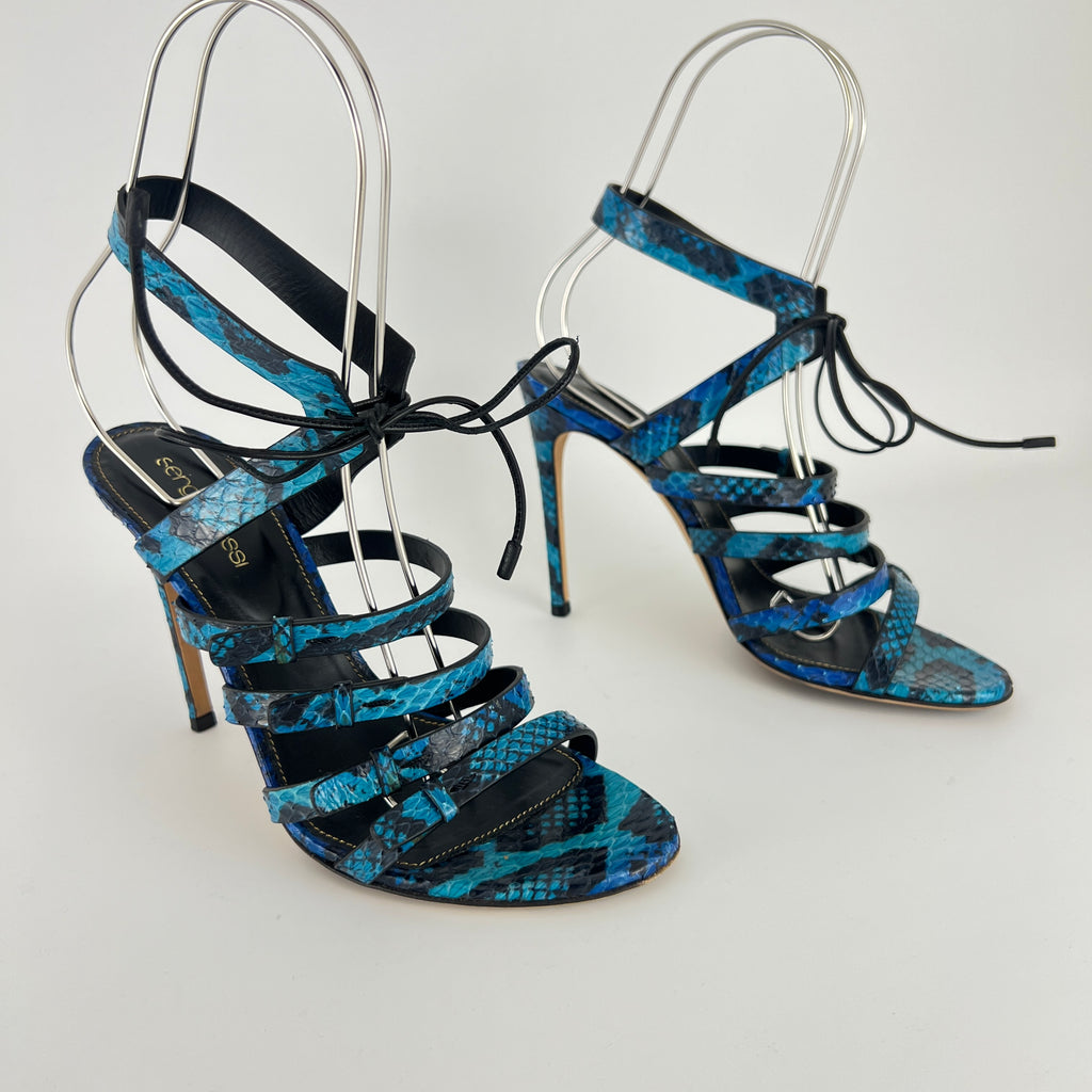 Sergio Rossi | Blue Animal Print Snake Leather Strappy Lace Up Heels (37.5)