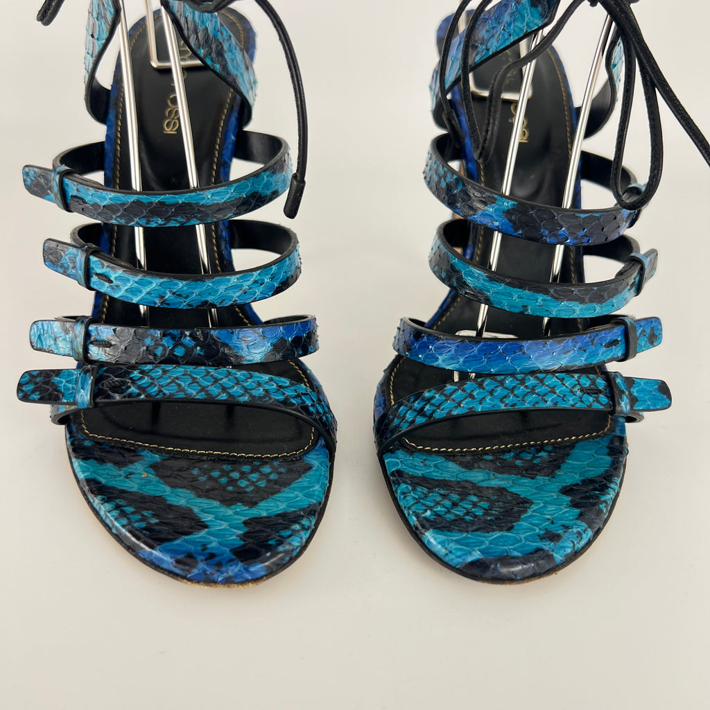 Sergio Rossi | Blue Animal Print Snake Leather Strappy Lace Up Heels (37.5)