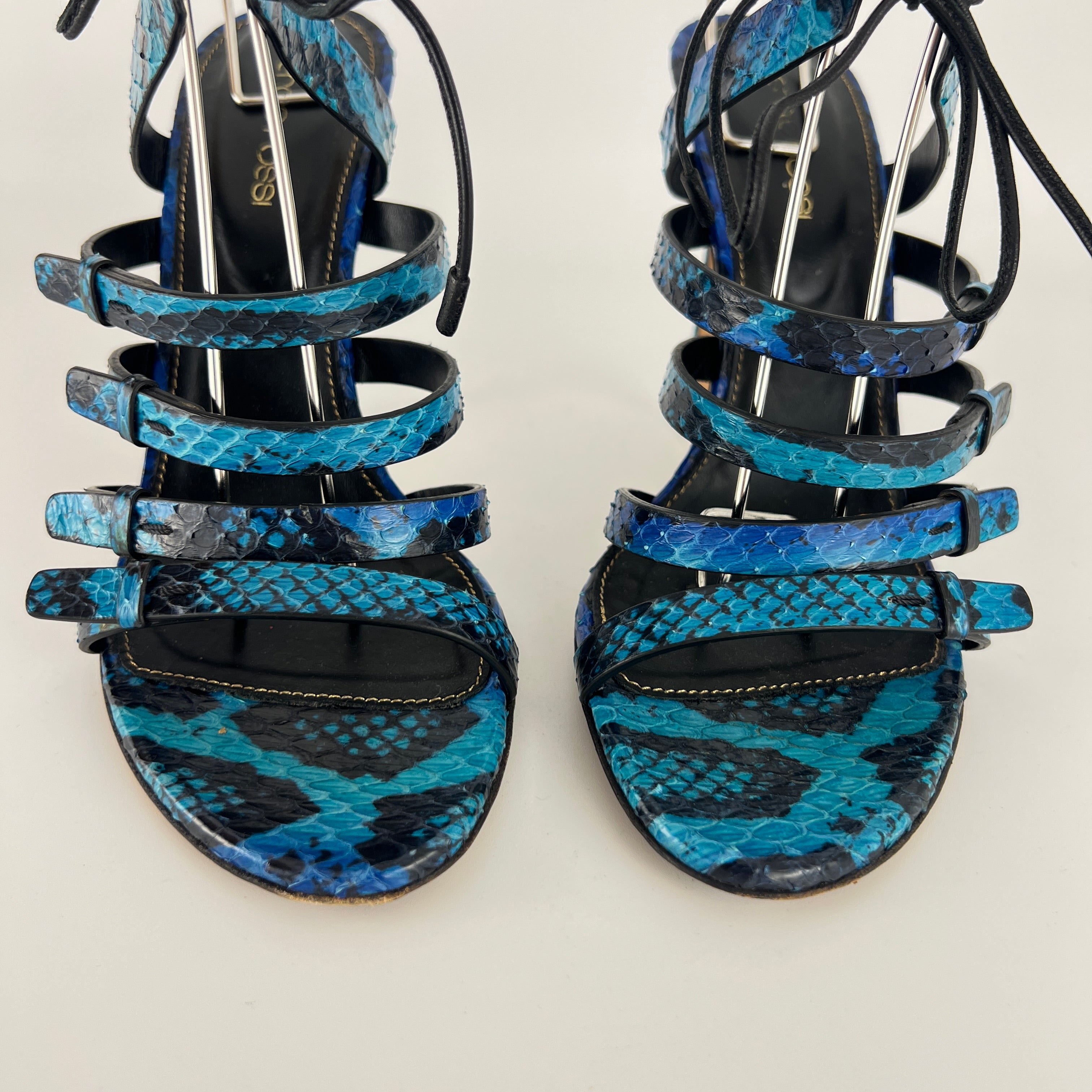 Sergio Rossi | Blue Animal Print Snake Leather Strappy Lace Up Heels (37.5)