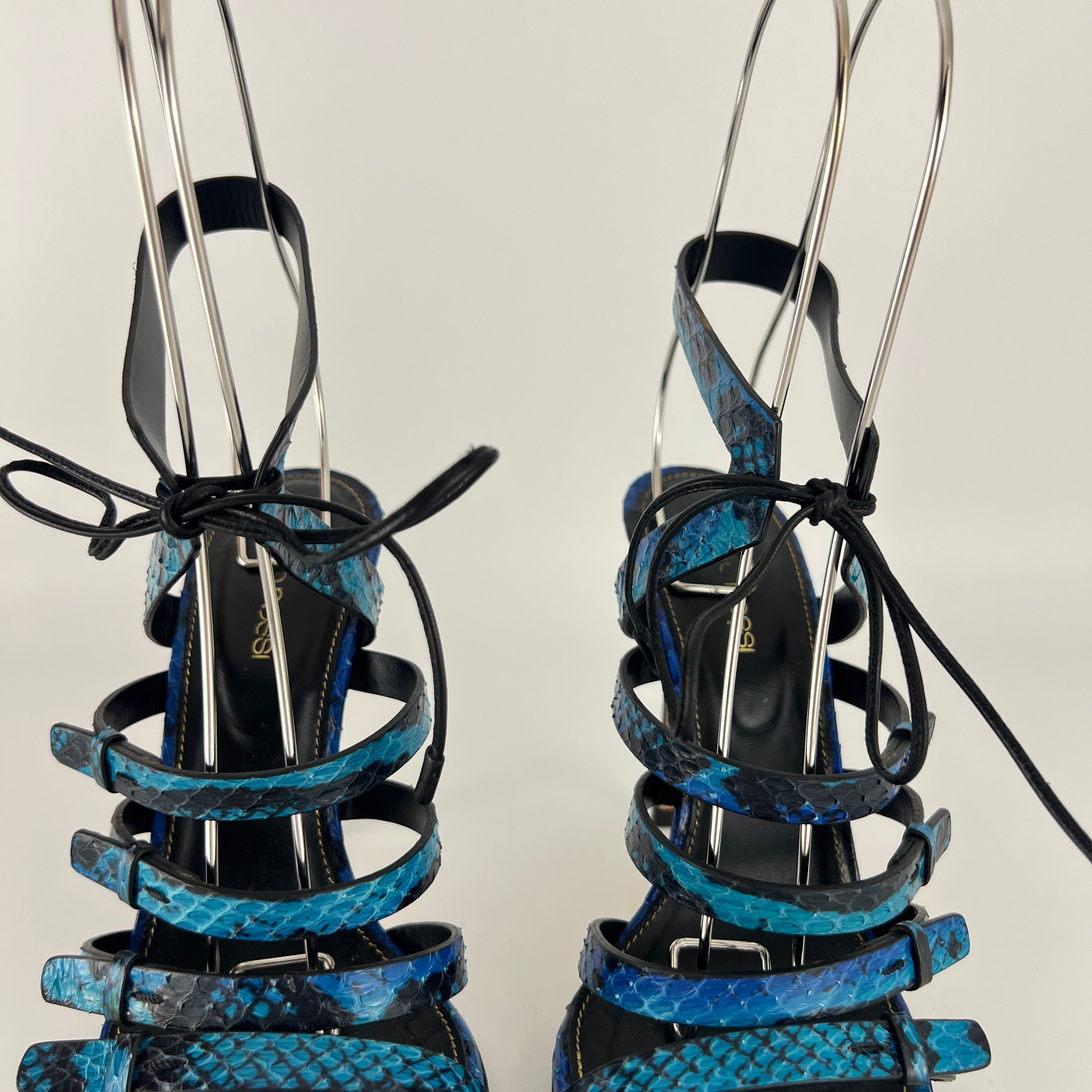 Sergio Rossi | Blue Animal Print Snake Leather Strappy Lace Up Heels (37.5)