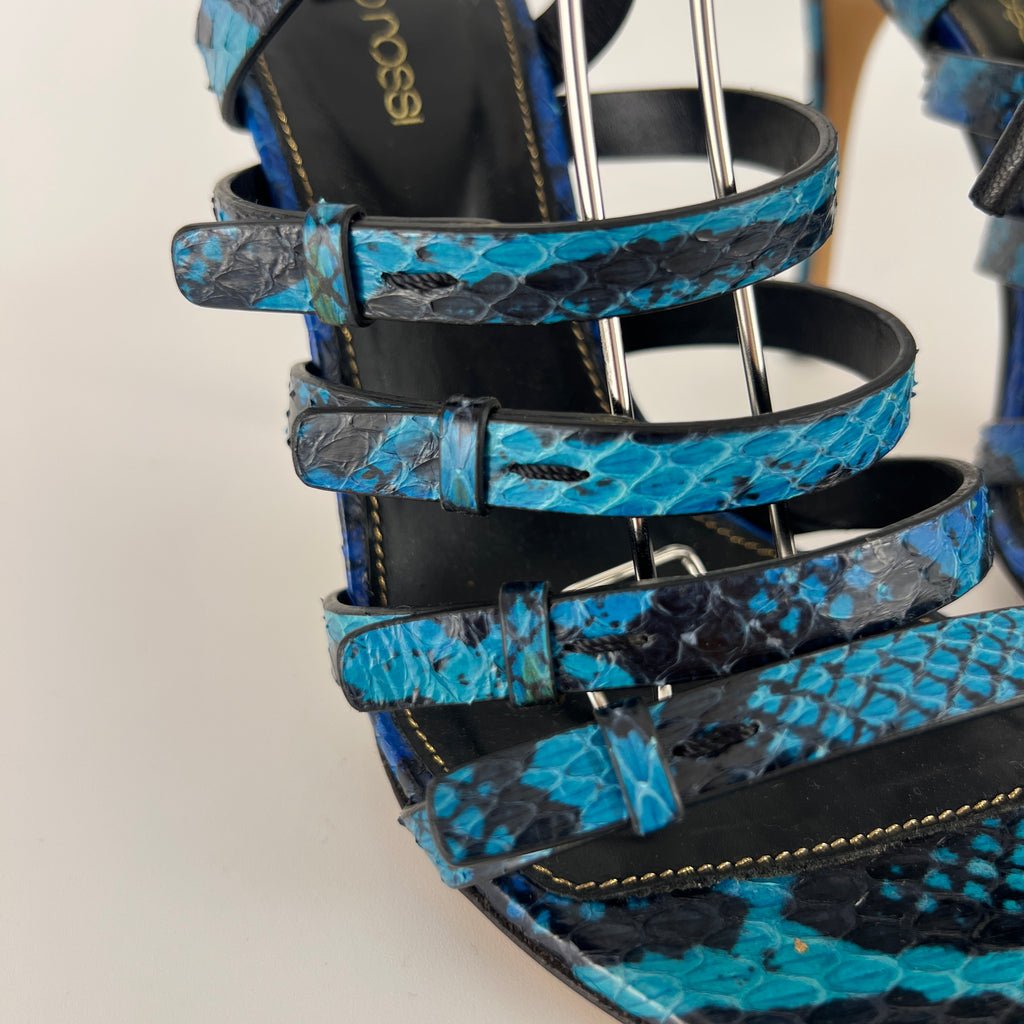 Sergio Rossi | Blue Animal Print Snake Leather Strappy Lace Up Heels (37.5)