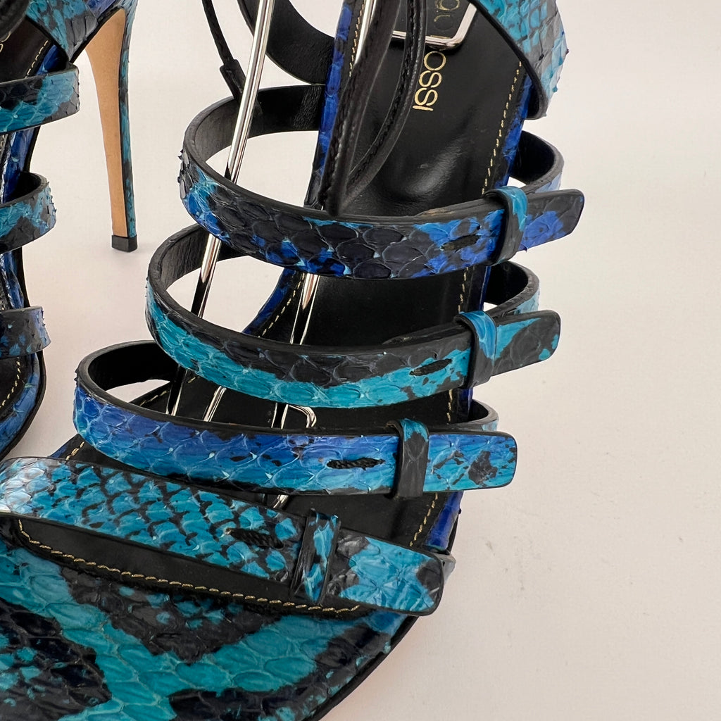 Sergio Rossi | Blue Animal Print Snake Leather Strappy Lace Up Heels (37.5)