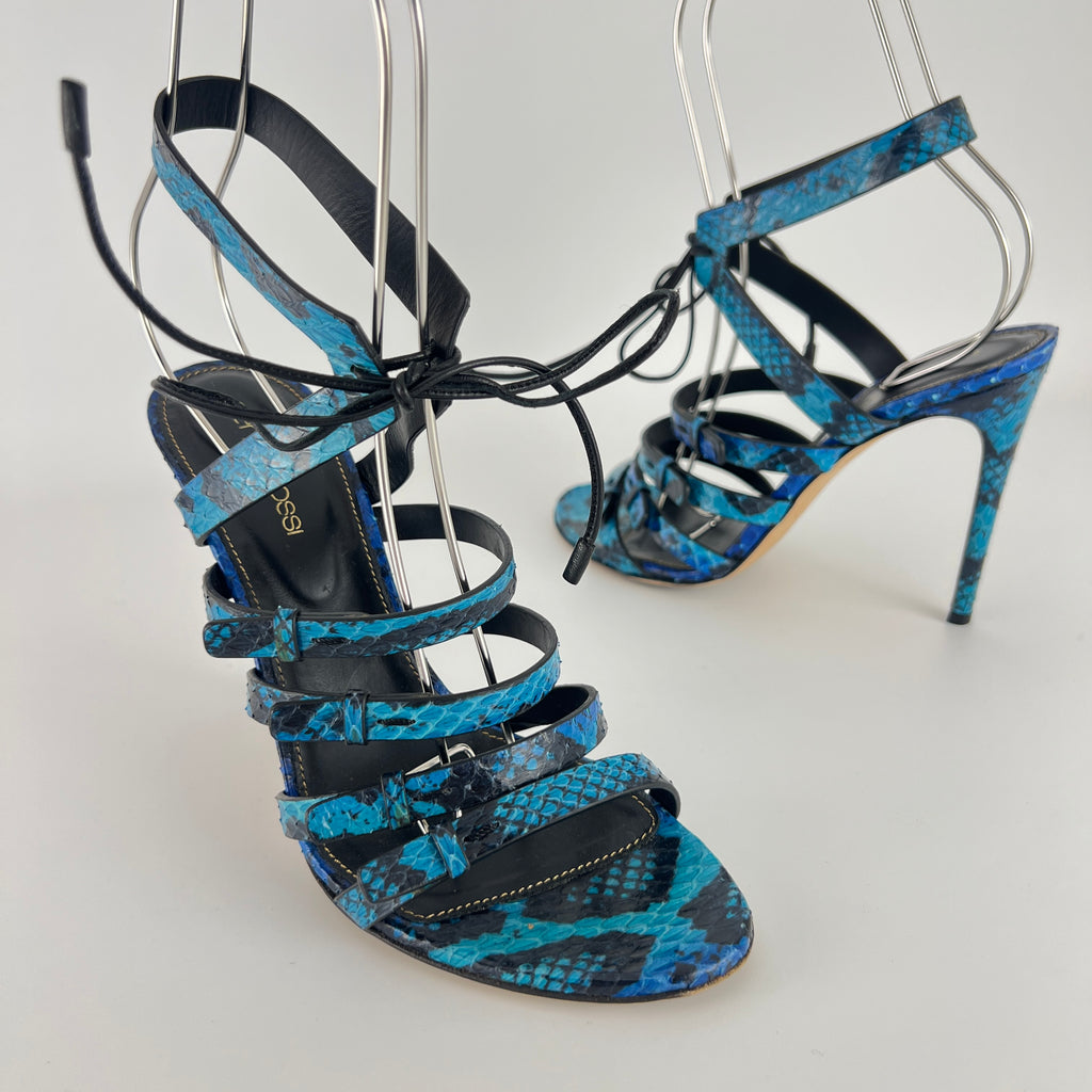 Sergio Rossi | Blue Animal Print Snake Leather Strappy Lace Up Heels (37.5)