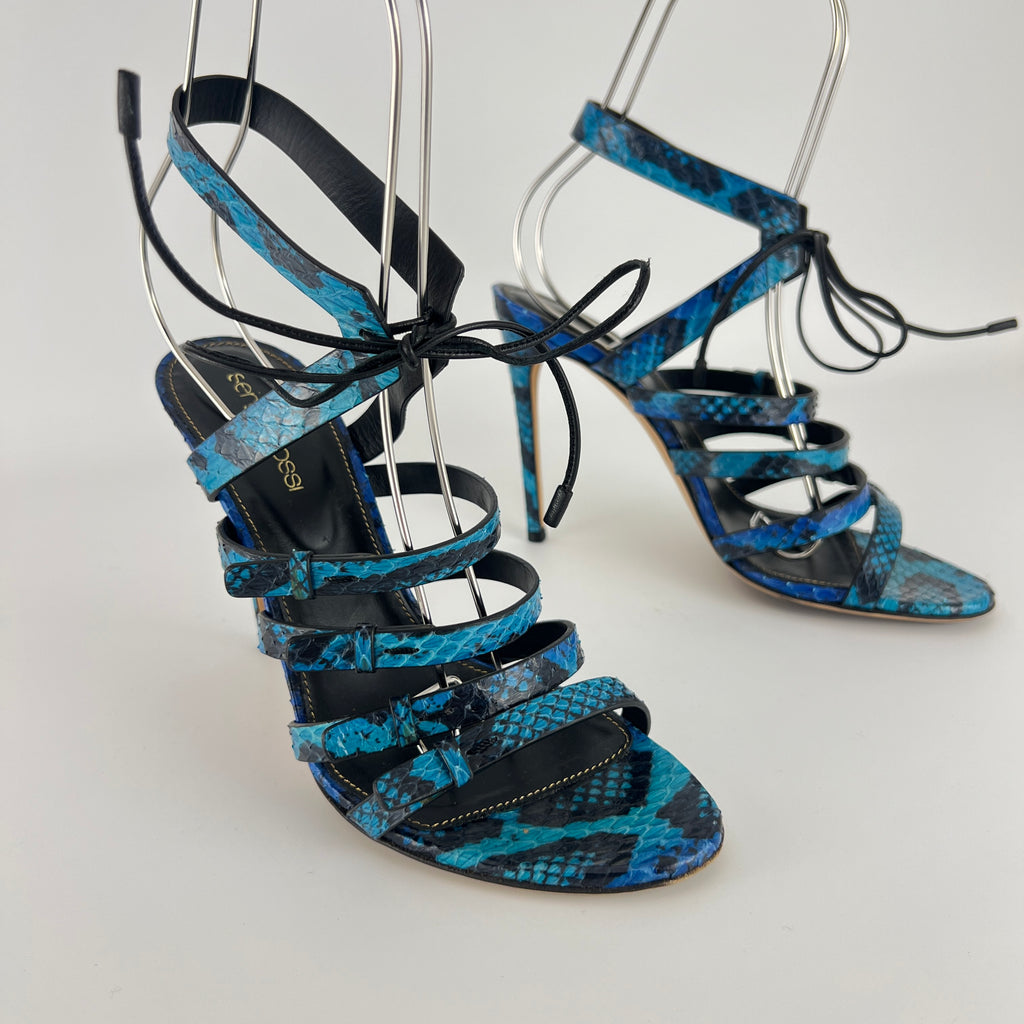 Sergio Rossi | Blue Animal Print Snake Leather Strappy Lace Up Heels (37.5)