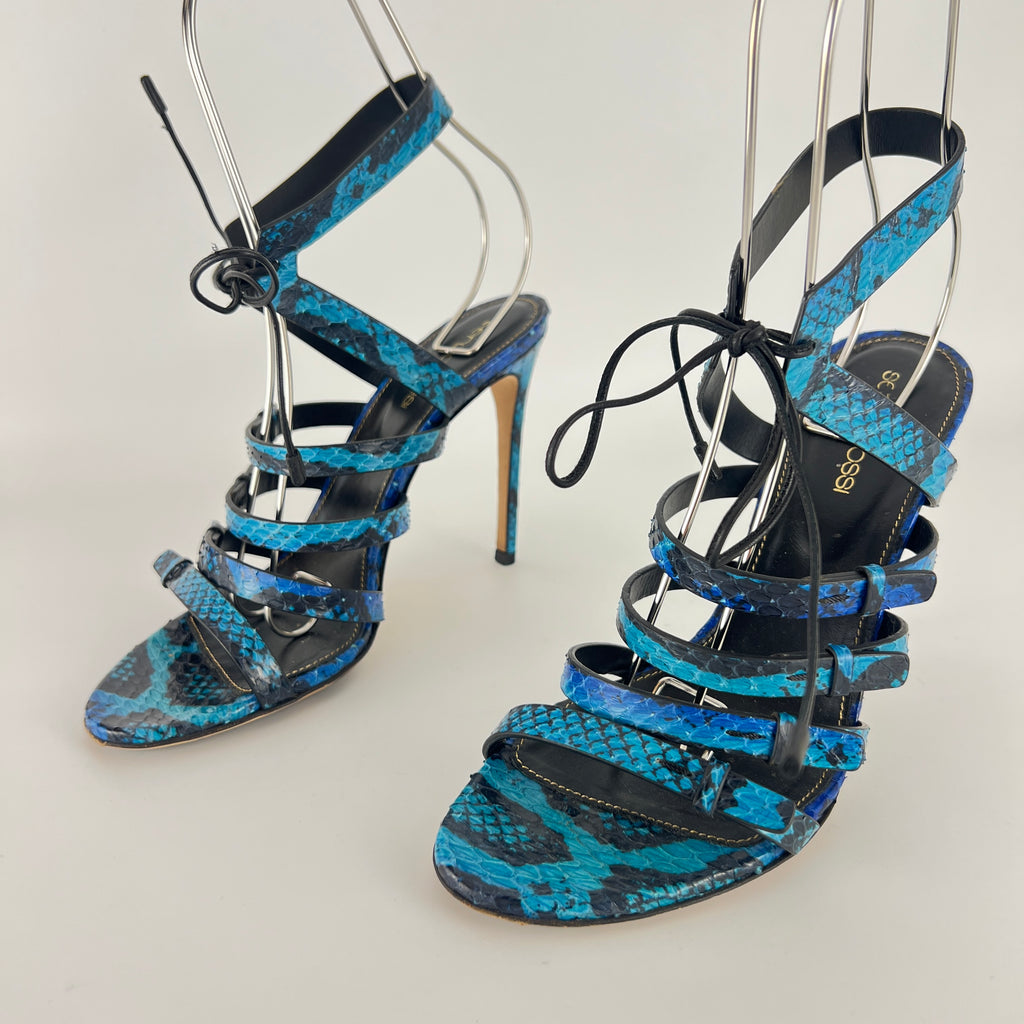 Sergio Rossi | Blue Animal Print Snake Leather Strappy Lace Up Heels (37.5)