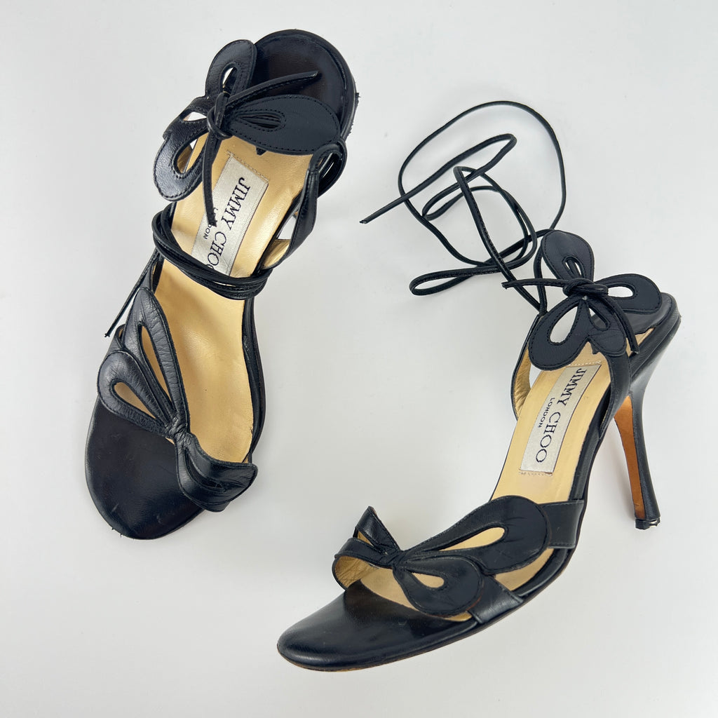 Jimmy Choo | Butterfly Detail Ankle Lace Up Black Strappy Heels (34.5)