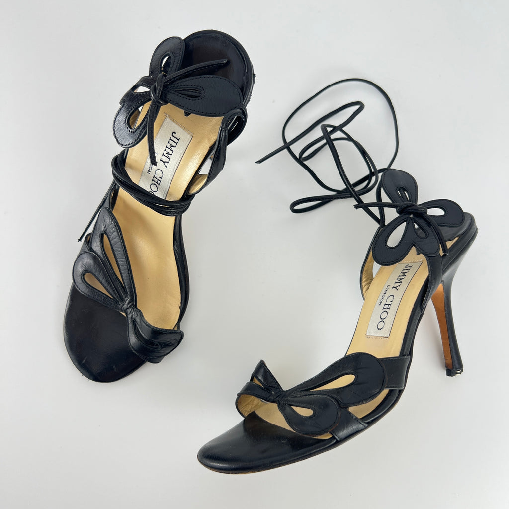 Jimmy Choo | Butterfly Detail Ankle Lace Up Black Strappy Heels (34.5)