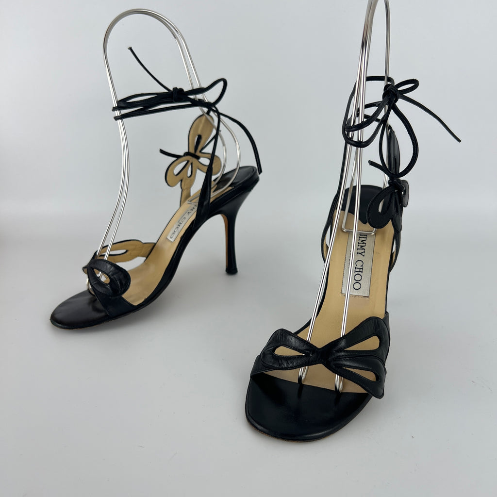 Jimmy Choo | Butterfly Detail Ankle Lace Up Black Strappy Heels (34.5)