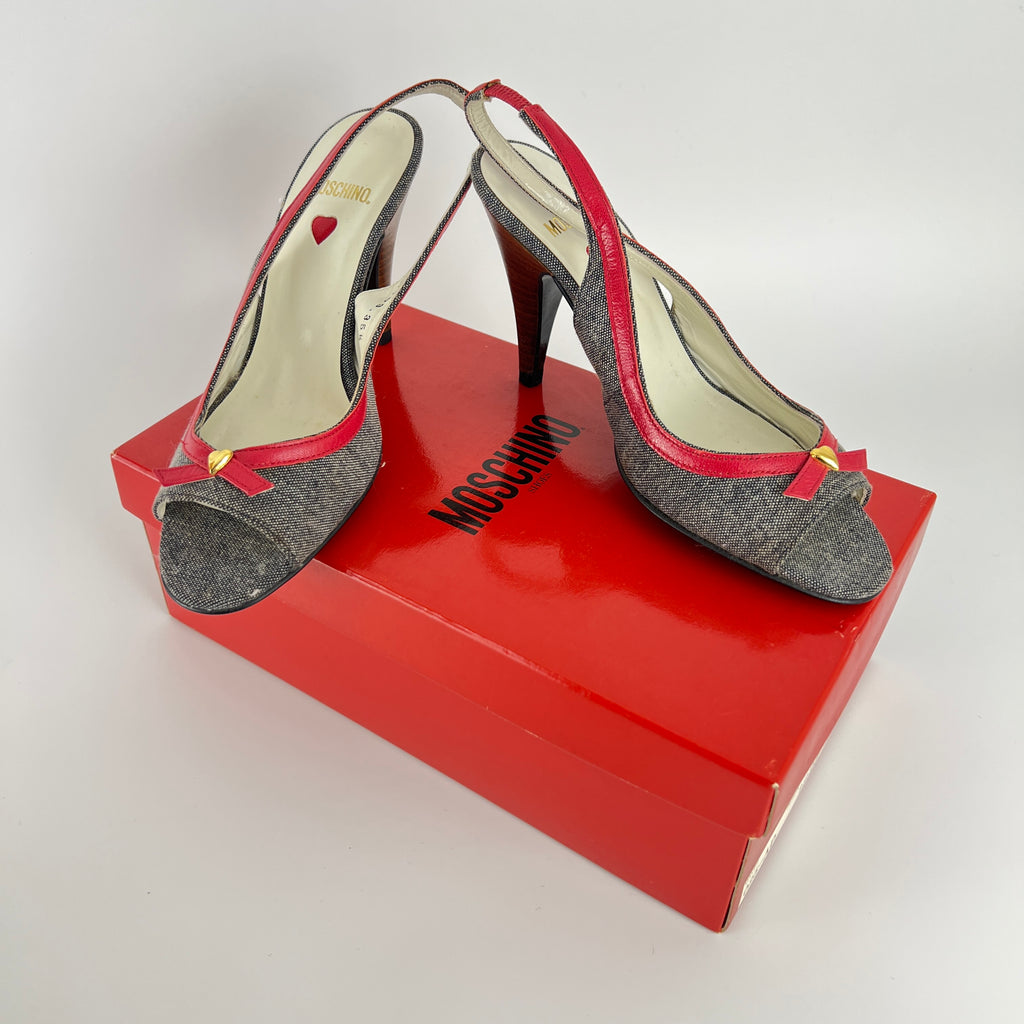 Moschino | Vintage Denim Red Leather Gold Heart Bow Slingback Peep Toe Pumps(35.5)