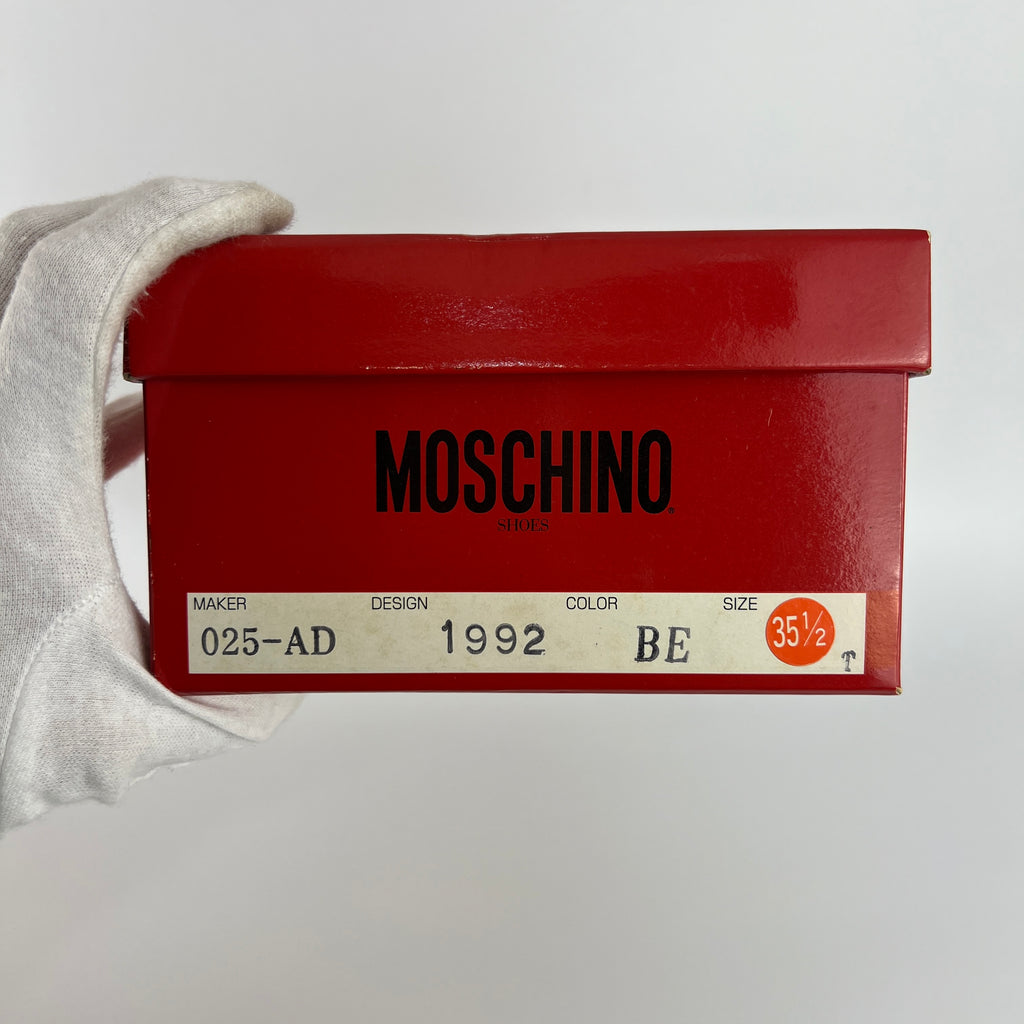 Moschino | Vintage Denim Red Leather Gold Heart Bow Slingback Peep Toe Pumps(35.5)