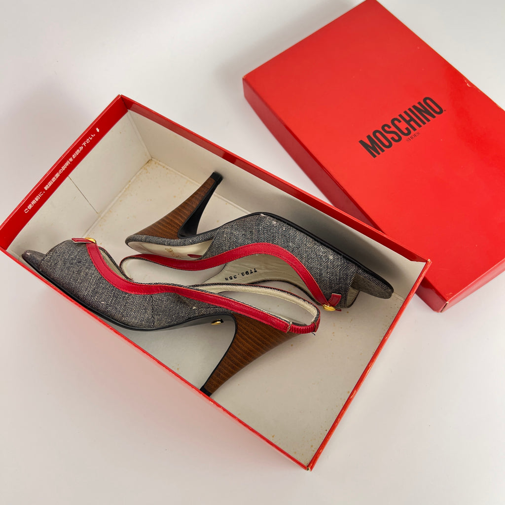 Moschino | Vintage Denim Red Leather Gold Heart Bow Slingback Peep Toe Pumps(35.5)