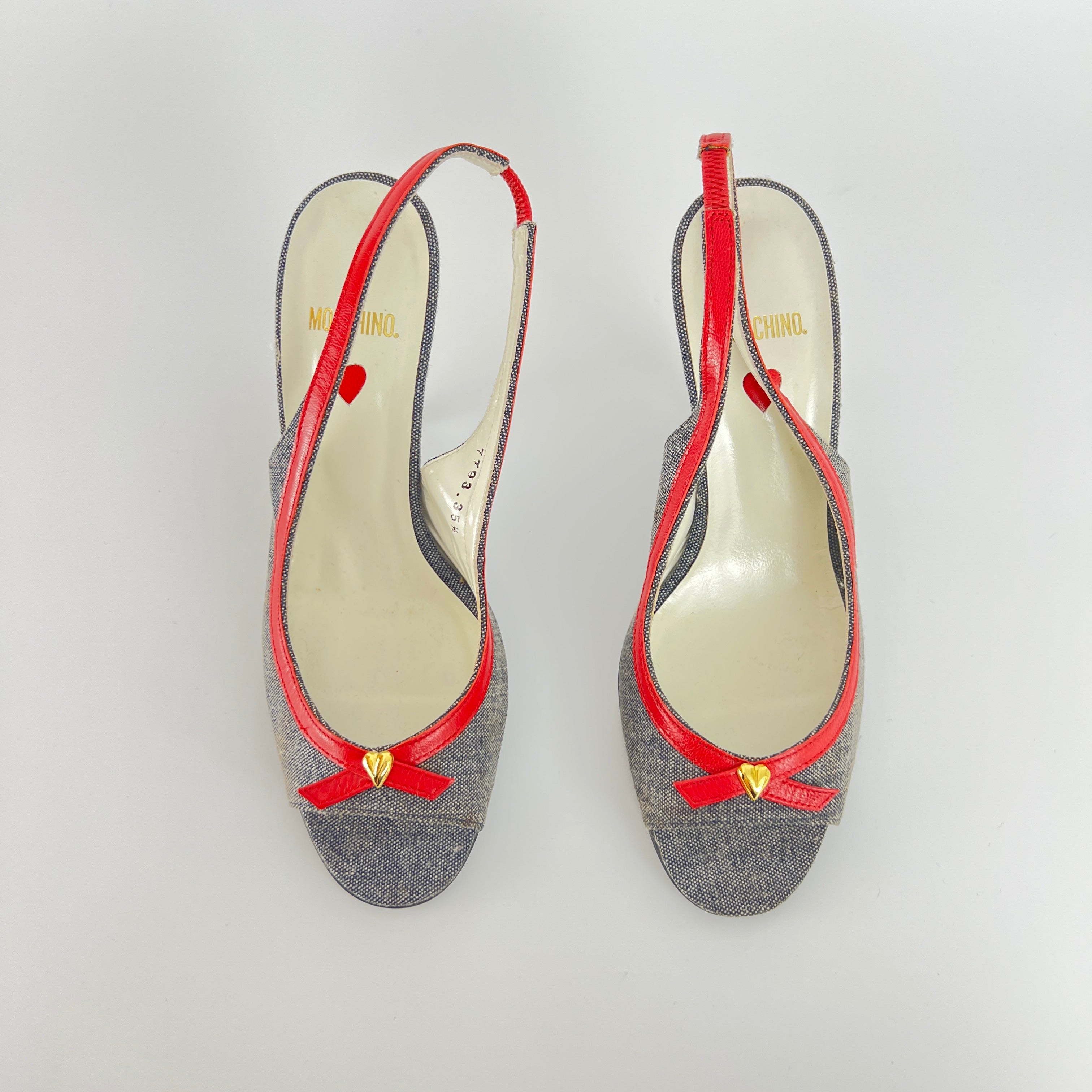 Moschino | Vintage Denim Red Leather Gold Heart Bow Slingback Peep Toe Pumps(35.5)