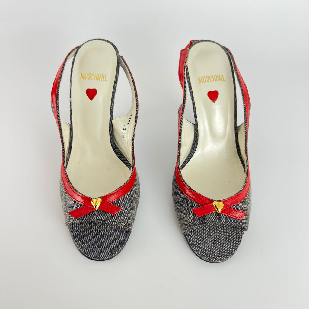 Moschino | Vintage Denim Red Leather Gold Heart Bow Slingback Peep Toe Pumps(35.5)