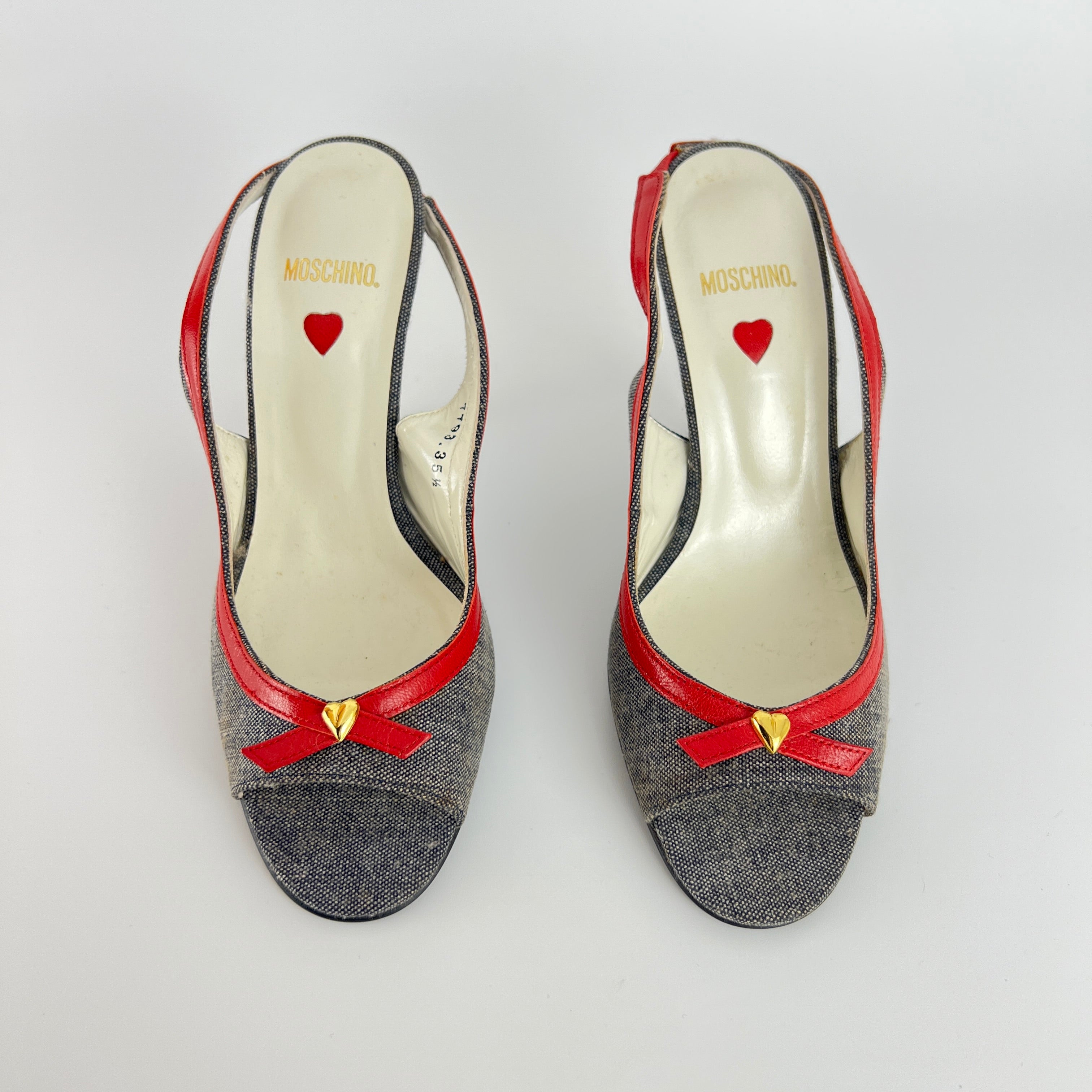 Moschino | Vintage Denim Red Leather Gold Heart Bow Slingback Peep Toe Pumps(35.5)