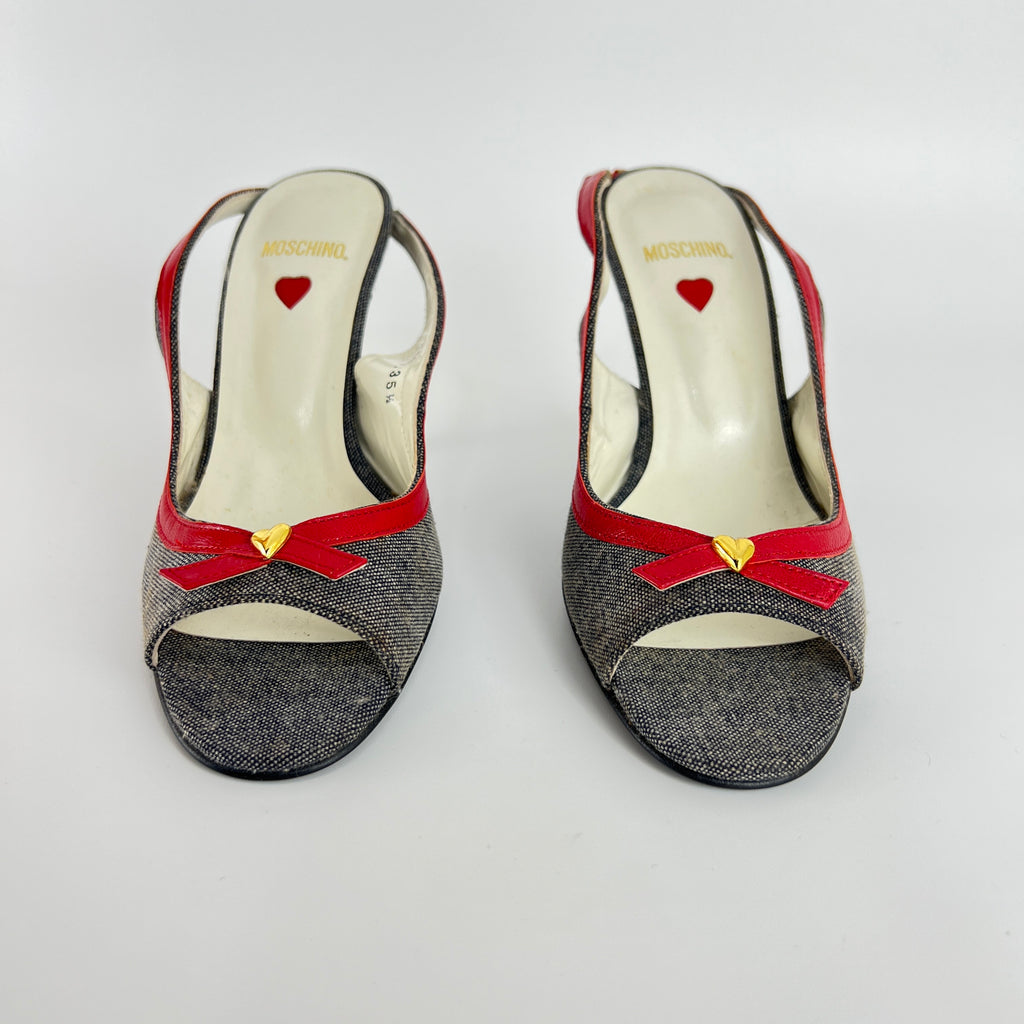 Moschino | Vintage Denim Red Leather Gold Heart Bow Slingback Peep Toe Pumps(35.5)